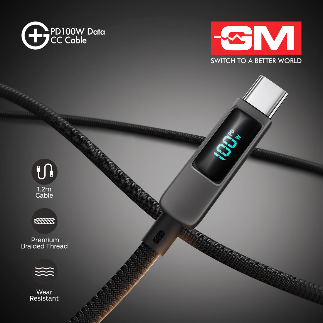 PD 100W DATA CC CABLE With DIGITAL DISPLAY (Metallic Grey)