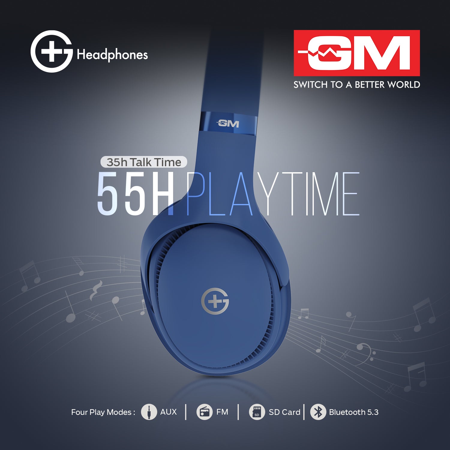 HEADPHONES - BT 5.3, 55H, PURE BASS, LOW LATENCY (Blue)