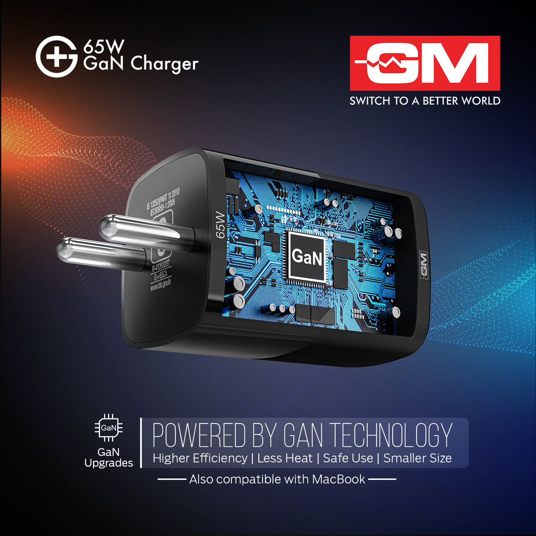 65W, Dual Port GAN Adaptor (QC 3.0+PD) (Black)