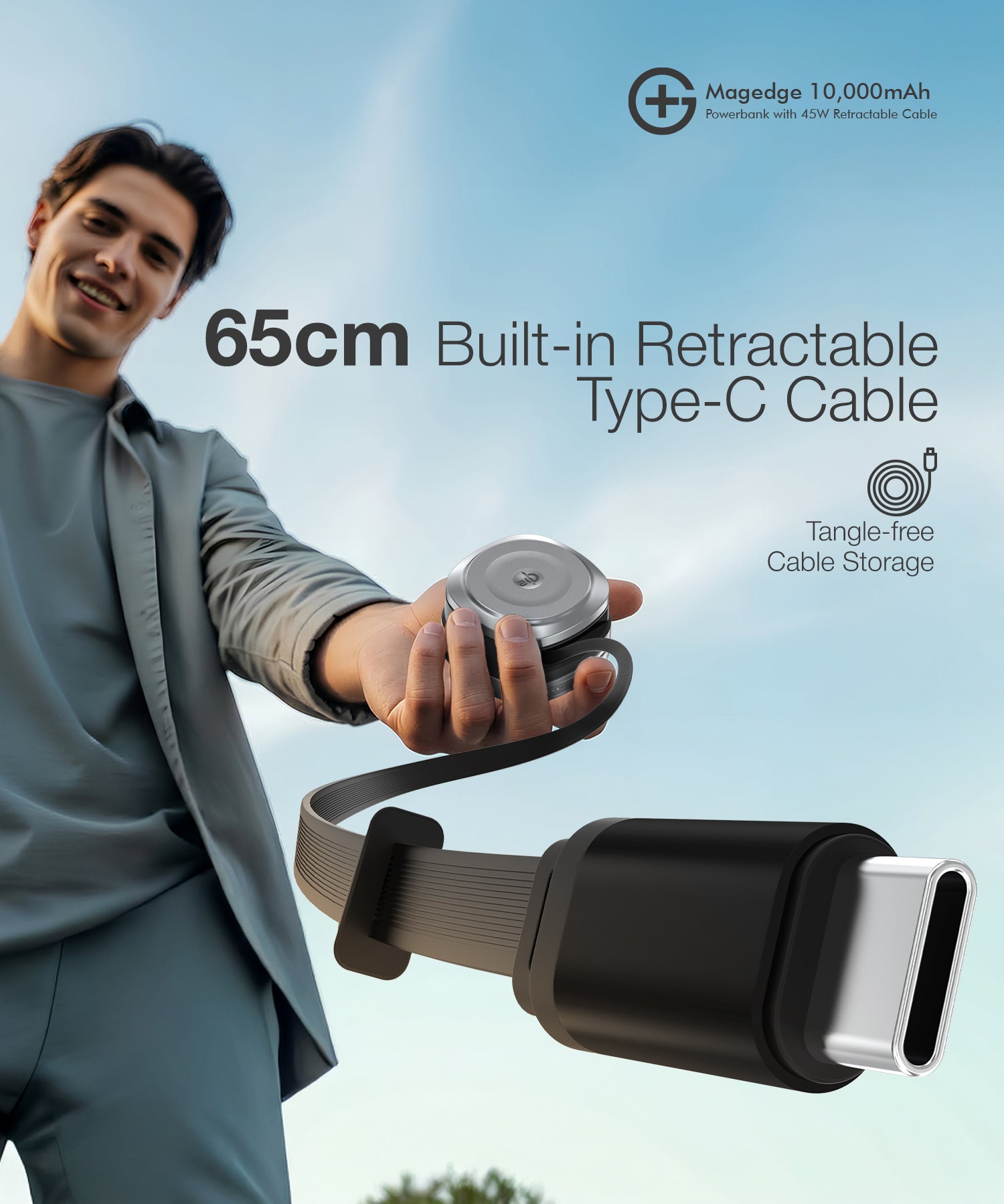 MAGEDGE 10000mAh Powerbank with 45W Type-C Retractable Cable