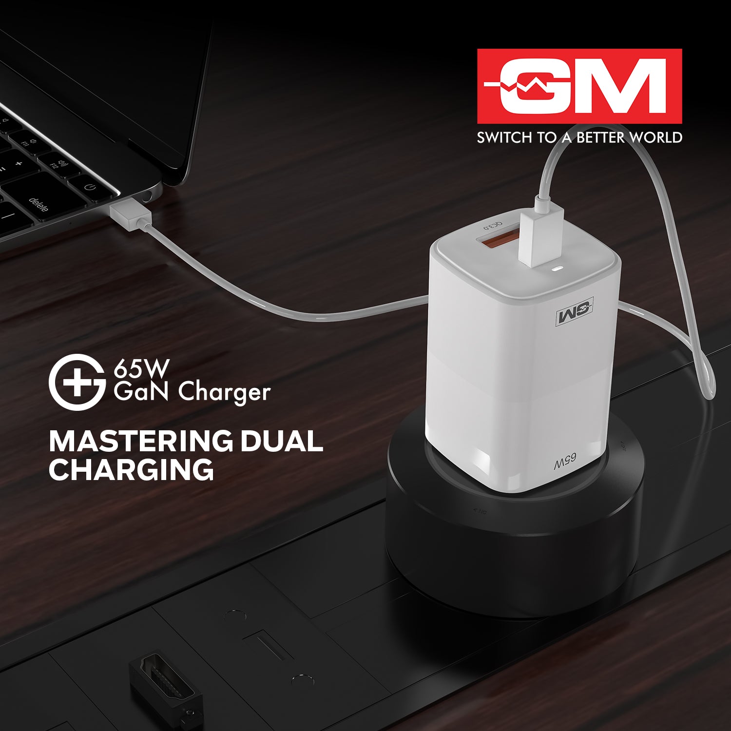 65W, Dual Port GAN Adaptor (QC 3.0+PD) (White)