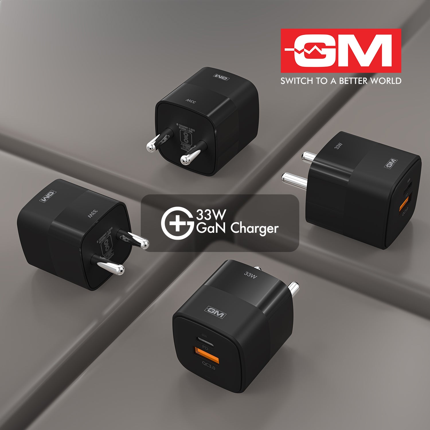 33W, Dual Port GAN Adaptor (QC 3.0+PD) (Black)