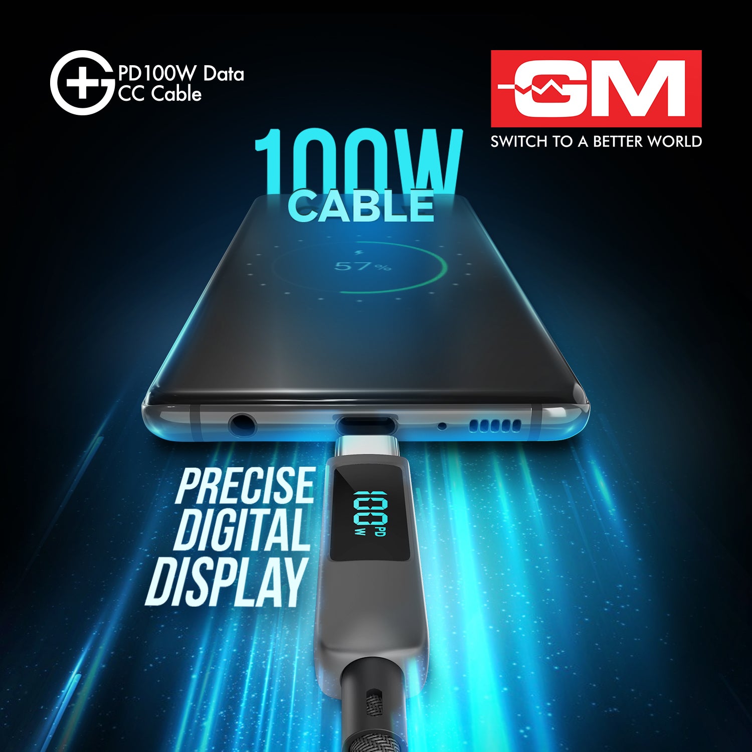 PD 100W DATA CC CABLE With DIGITAL DISPLAY (Metallic Grey)