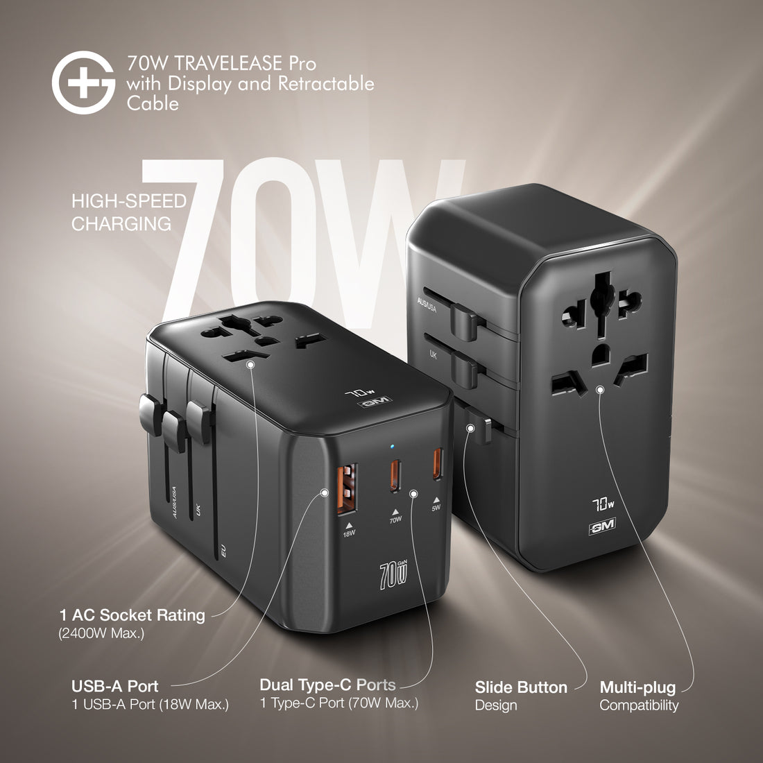 TravelEase Pro 70W with Display - 150 Countries ( Black )