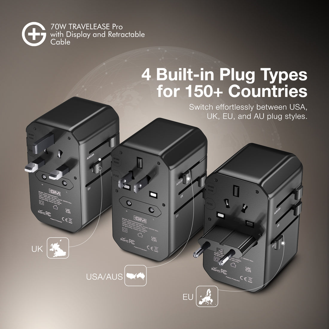 TravelEase Pro 70W with Display - 150 Countries ( Black )
