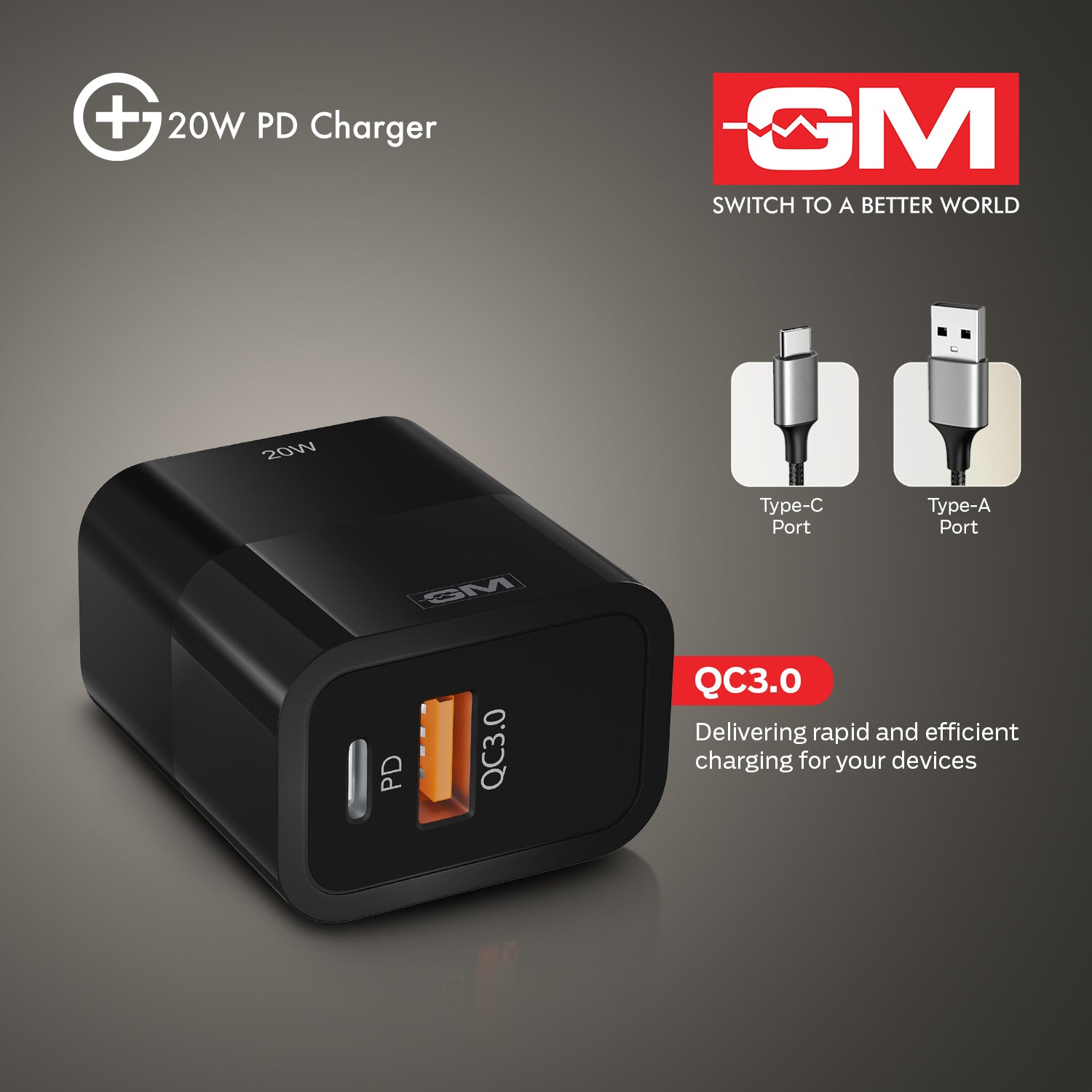 20W, Dual Port Adaptor (QC 3.0+PD) (Black)