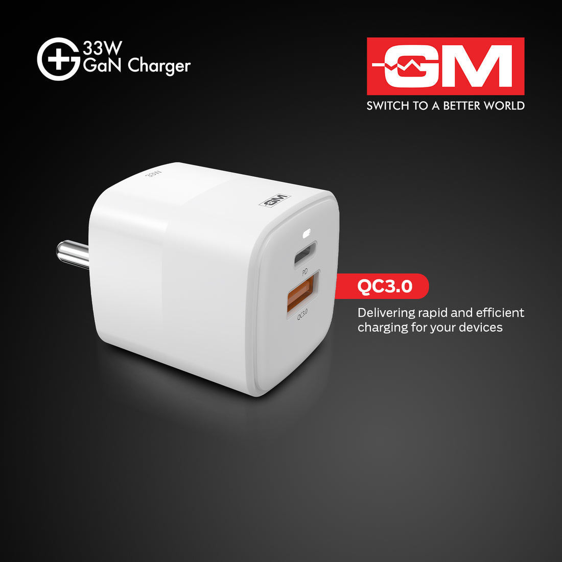 33W, Dual Port GAN Adaptor (QC 3.0+PD) (White)