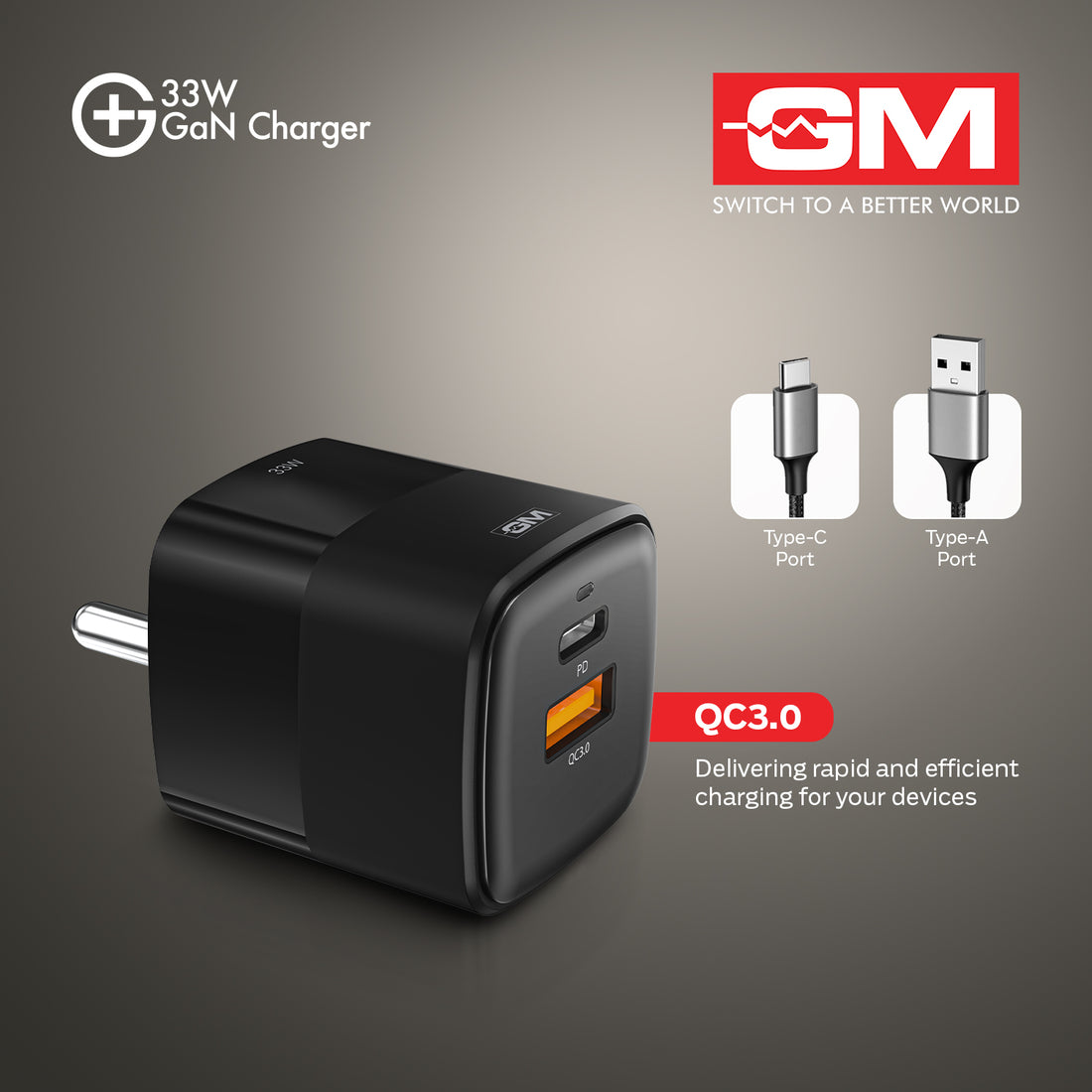 33W, Dual Port GAN Adaptor (QC 3.0+PD) (Black)