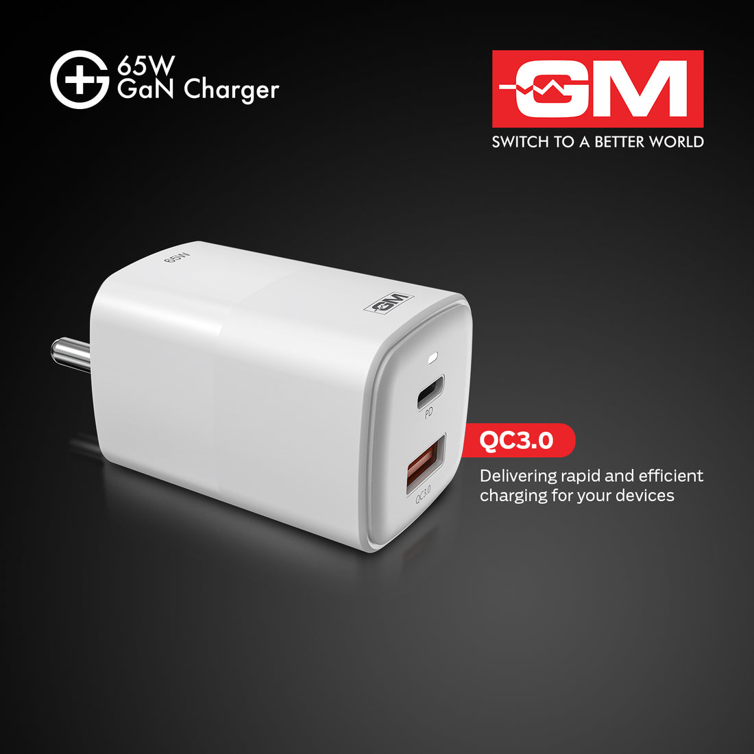 65W, Dual Port GAN Adaptor (QC 3.0+PD) (White)