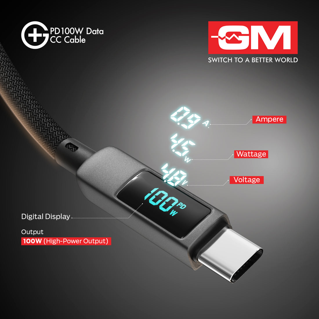PD 100W DATA CC CABLE With DIGITAL DISPLAY (Metallic Grey)