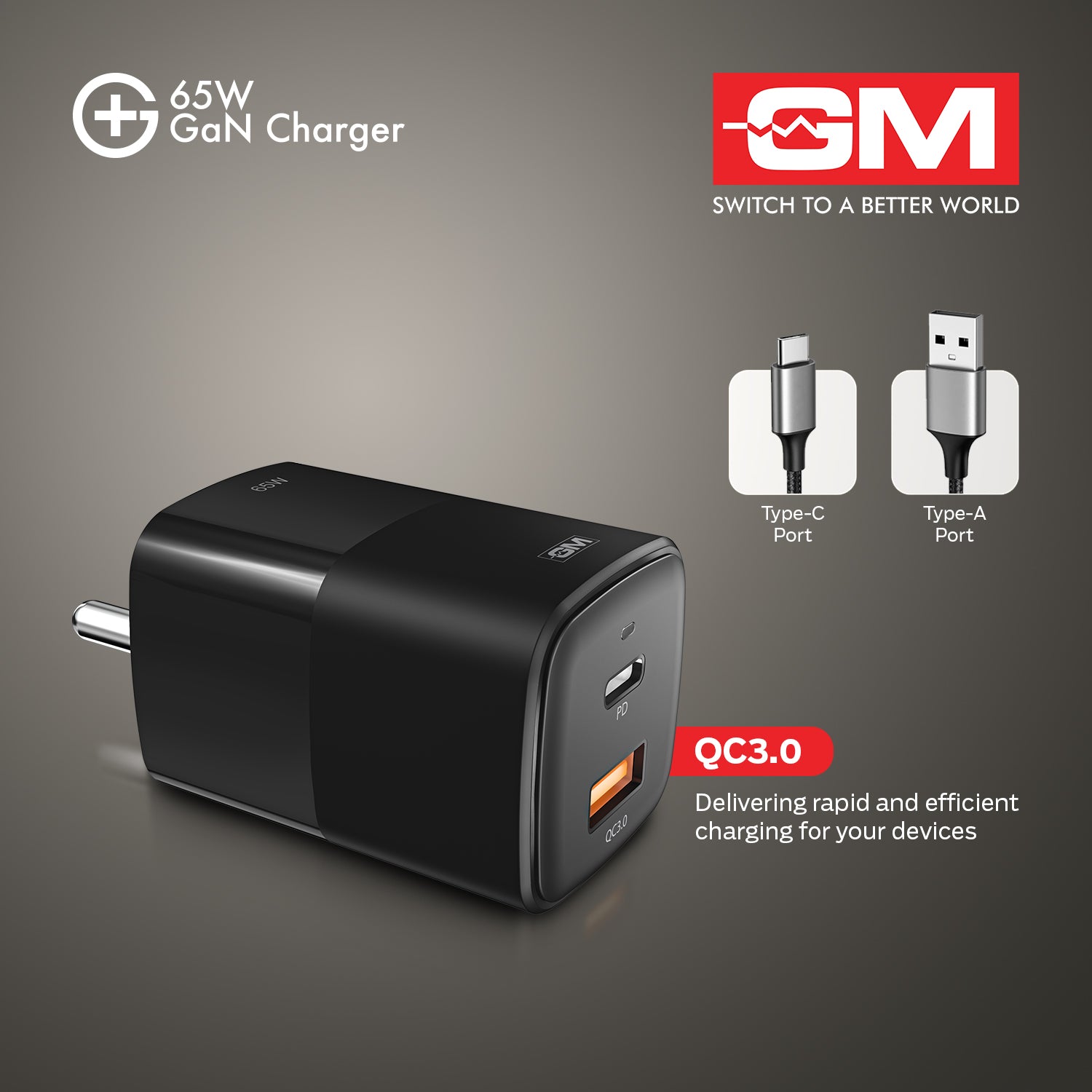 65W, Dual Port GAN Adaptor (QC 3.0+PD) (Black)