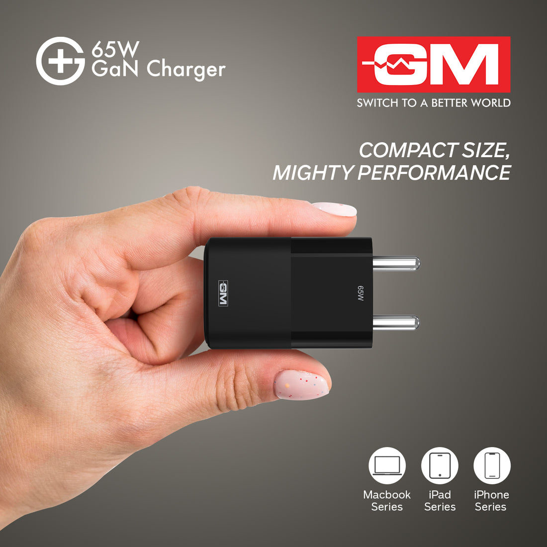 65W, Dual Port GAN Adaptor (QC 3.0+PD) (Black)