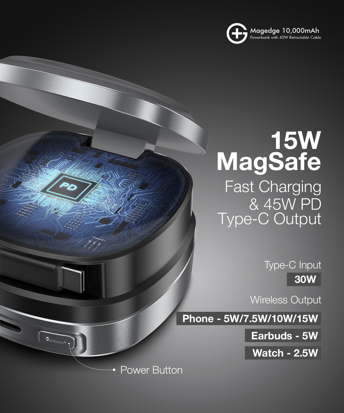 MAGEDGE 10000mAh Powerbank with 45W Type-C Retractable Cable