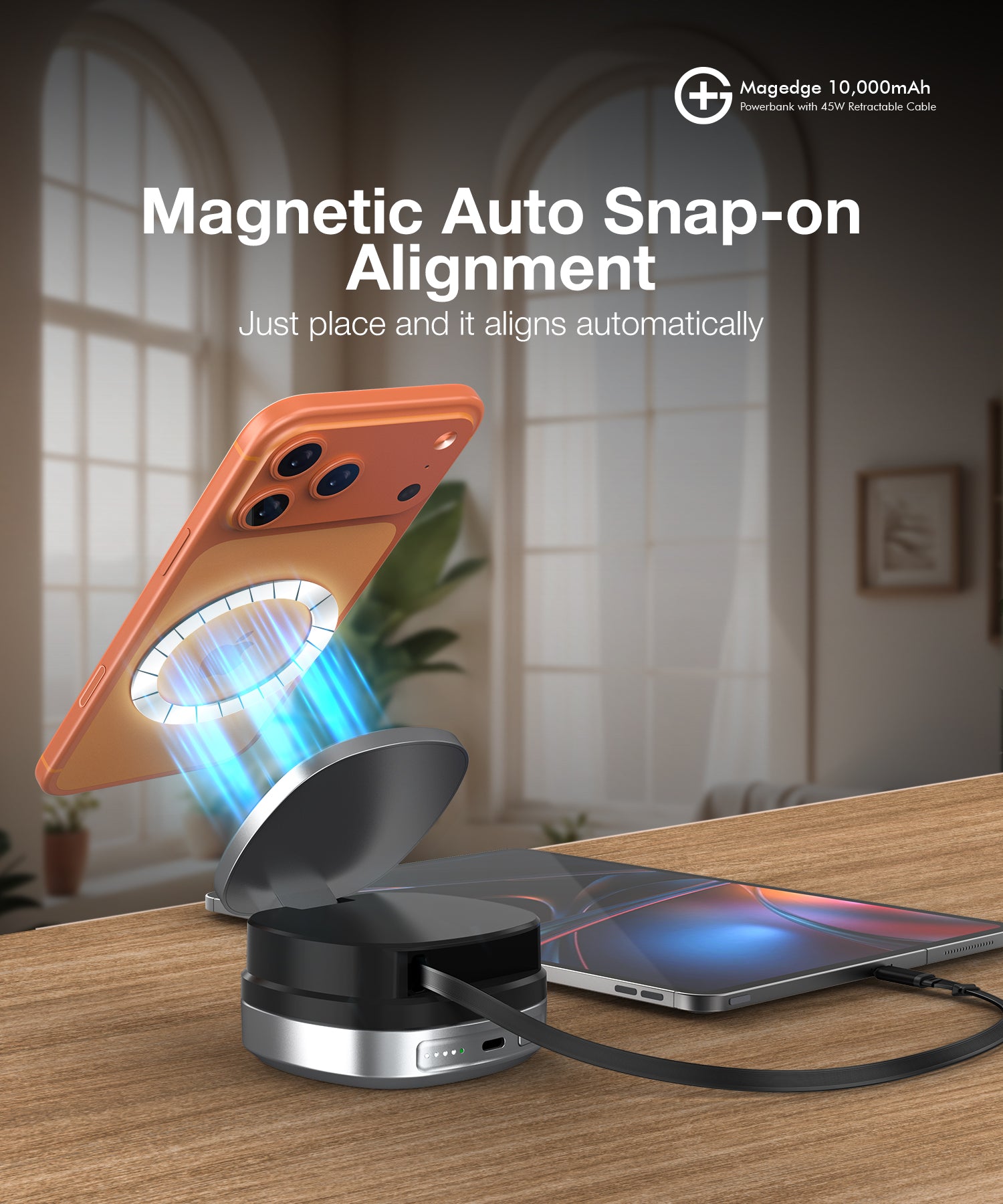 MAGEDGE 10000mAh Powerbank with 45W Type-C Retractable Cable