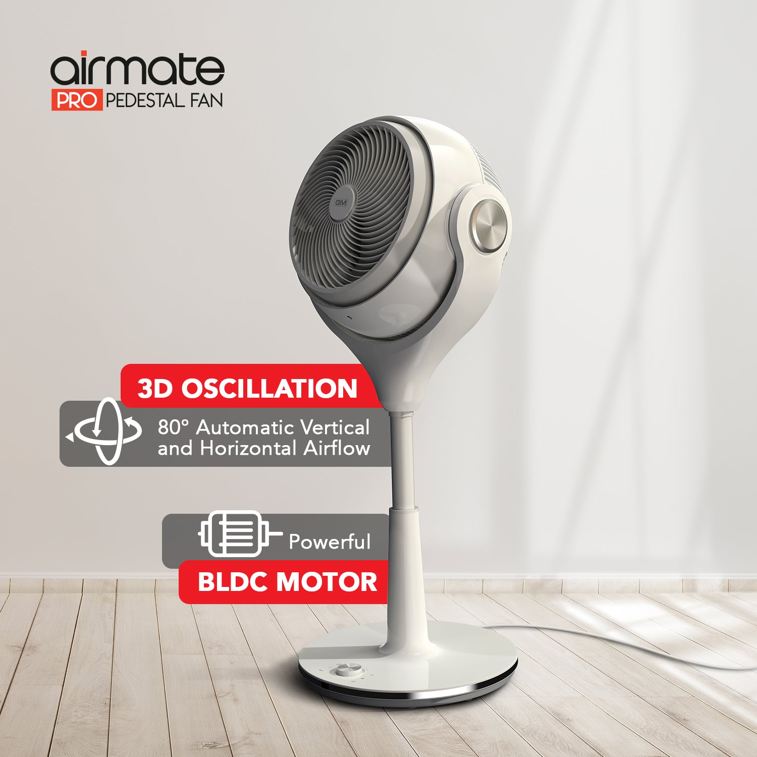 GM Airmate Pro Pedestal Fan with Remote (White)