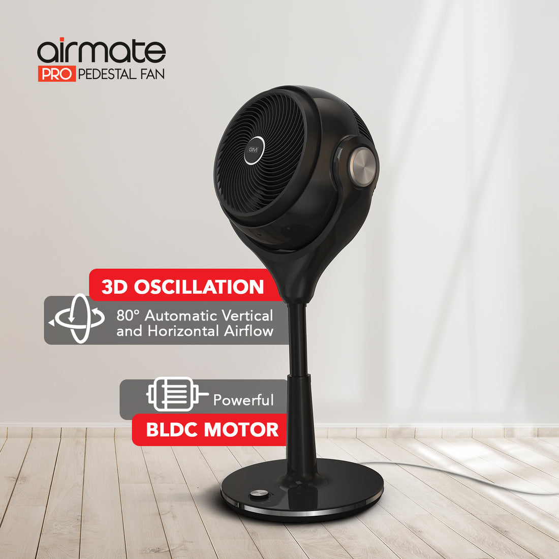 GM Airmate Pro Pedestal Fan with Remote (Black)