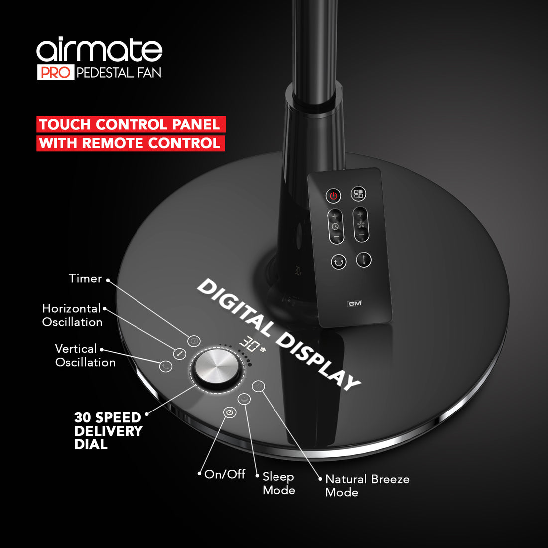 GM Airmate Pro Pedestal Fan with Remote (Black)
