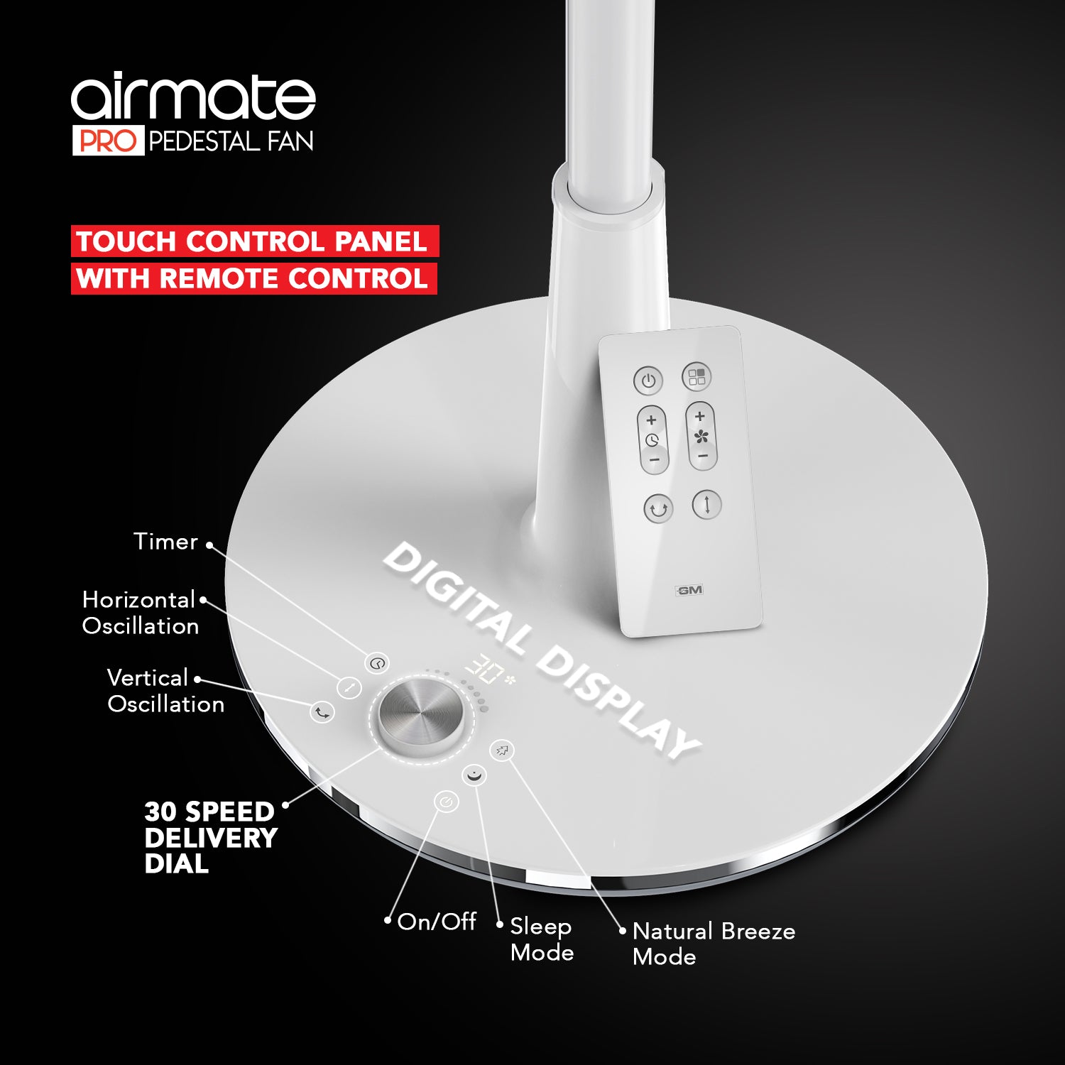 GM Airmate Pro Pedestal Fan with Remote (White)