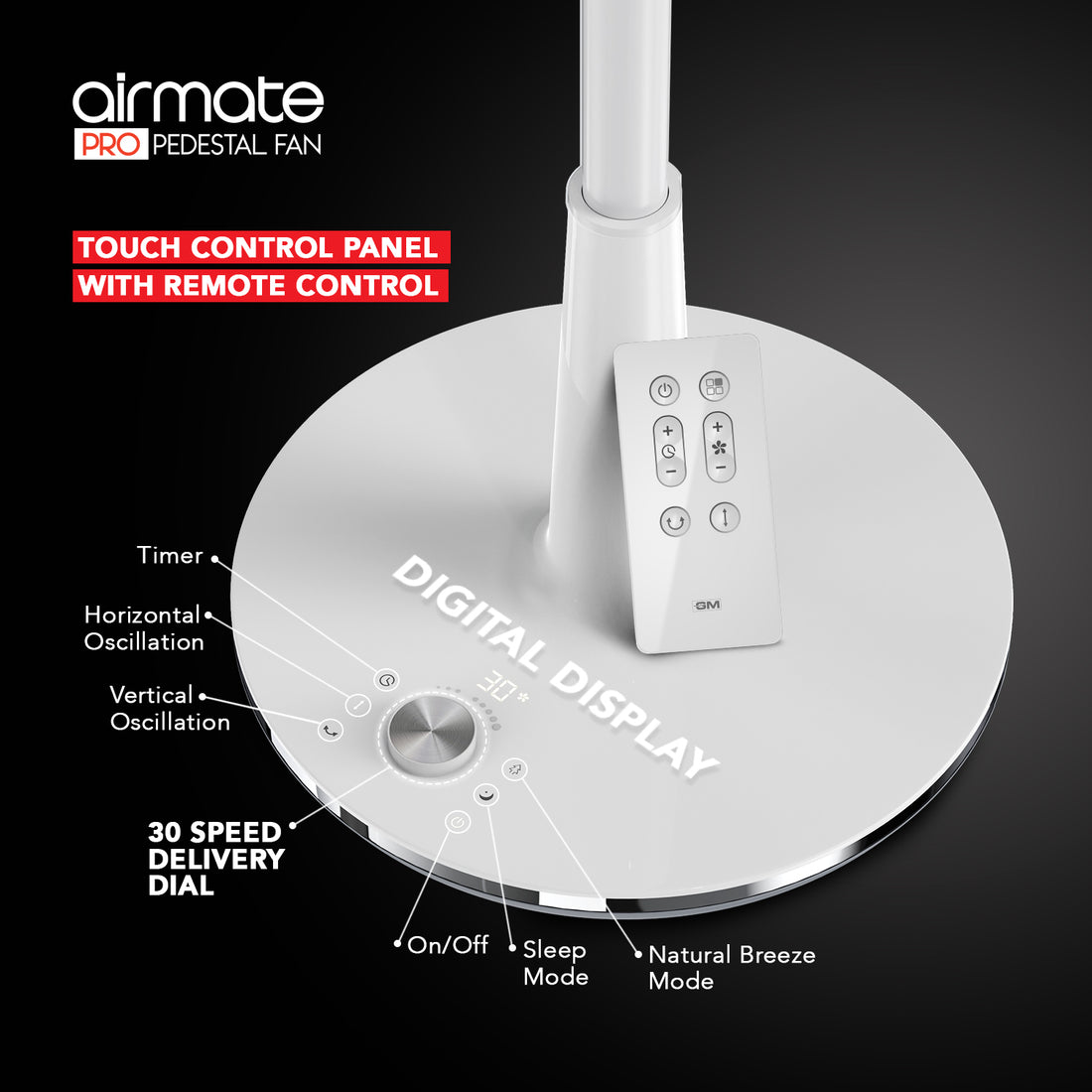 GM Airmate Pro Pedestal Fan with Remote (White)