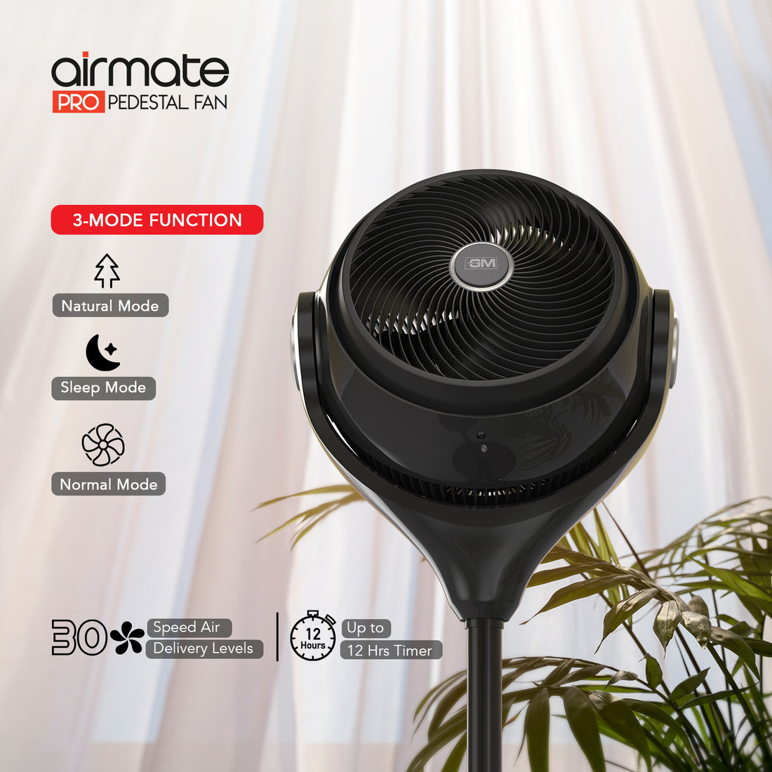 GM Airmate Pro Pedestal Fan with Remote (Black)