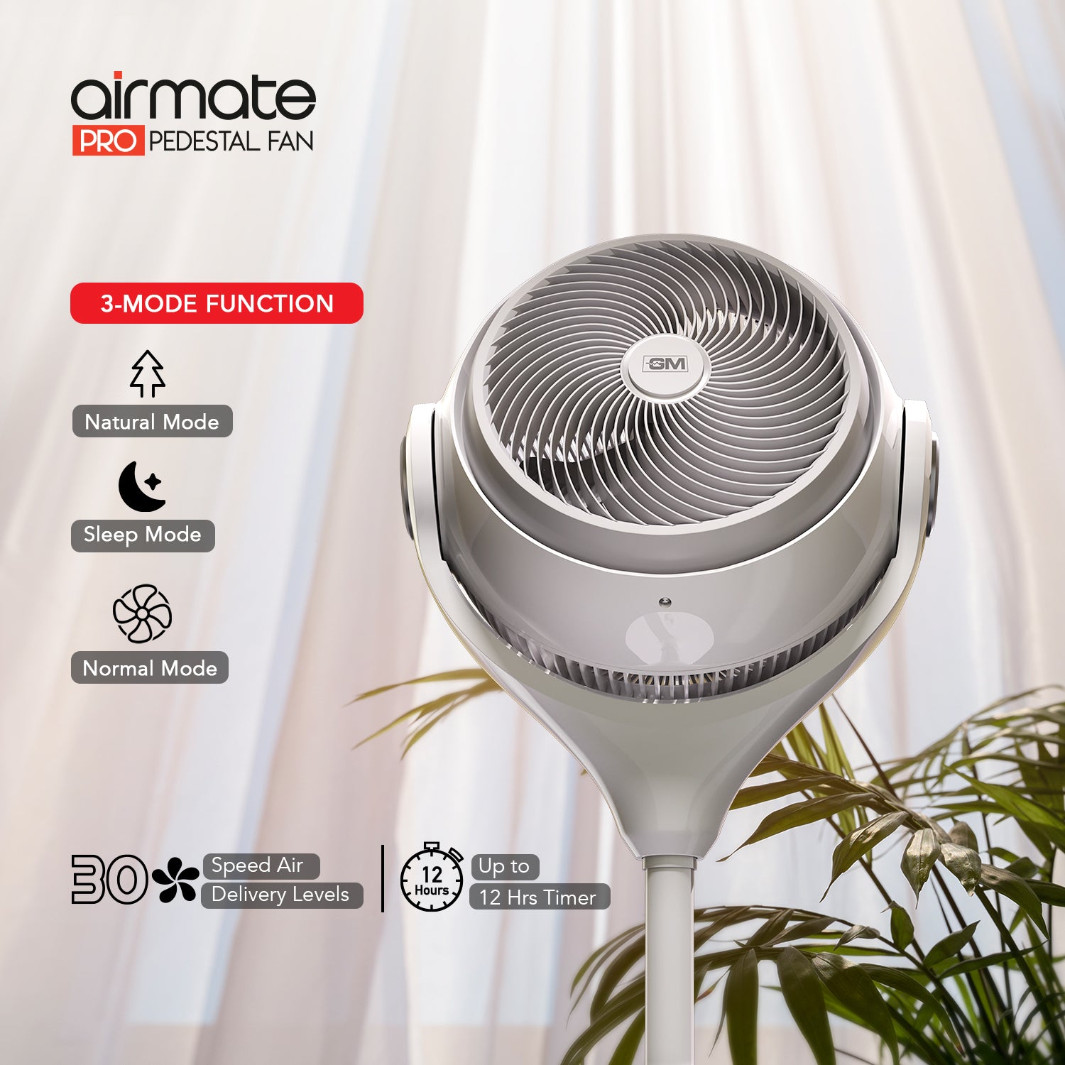 GM Airmate Pro Pedestal Fan with Remote (White)