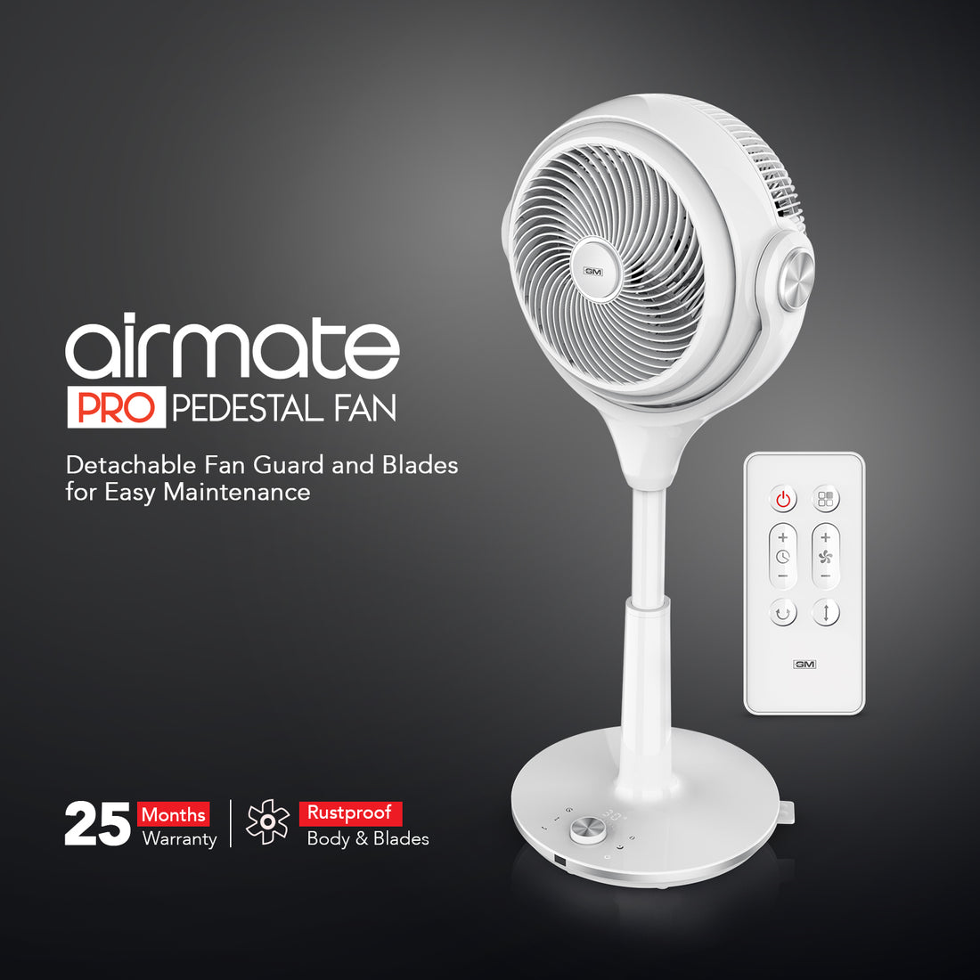 GM Airmate Pro Pedestal Fan with Remote (White)