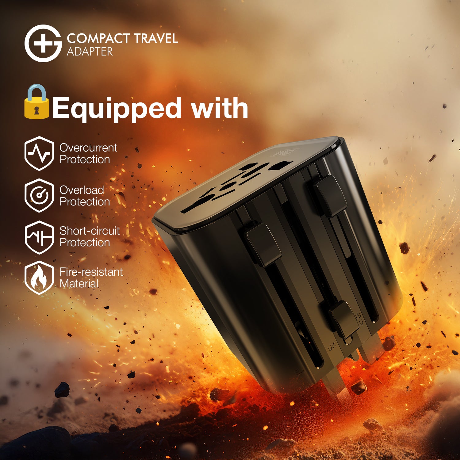 G+ Compact Travel Adapter - Fire-Resistant Build (Black)