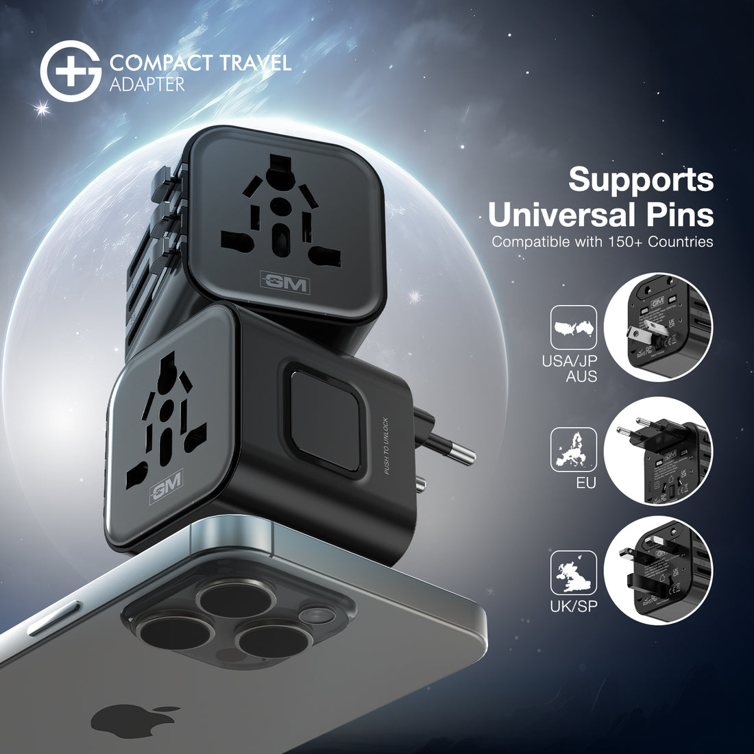 G+ Compact Travel Adapter - Fire-Resistant Build (Black)
