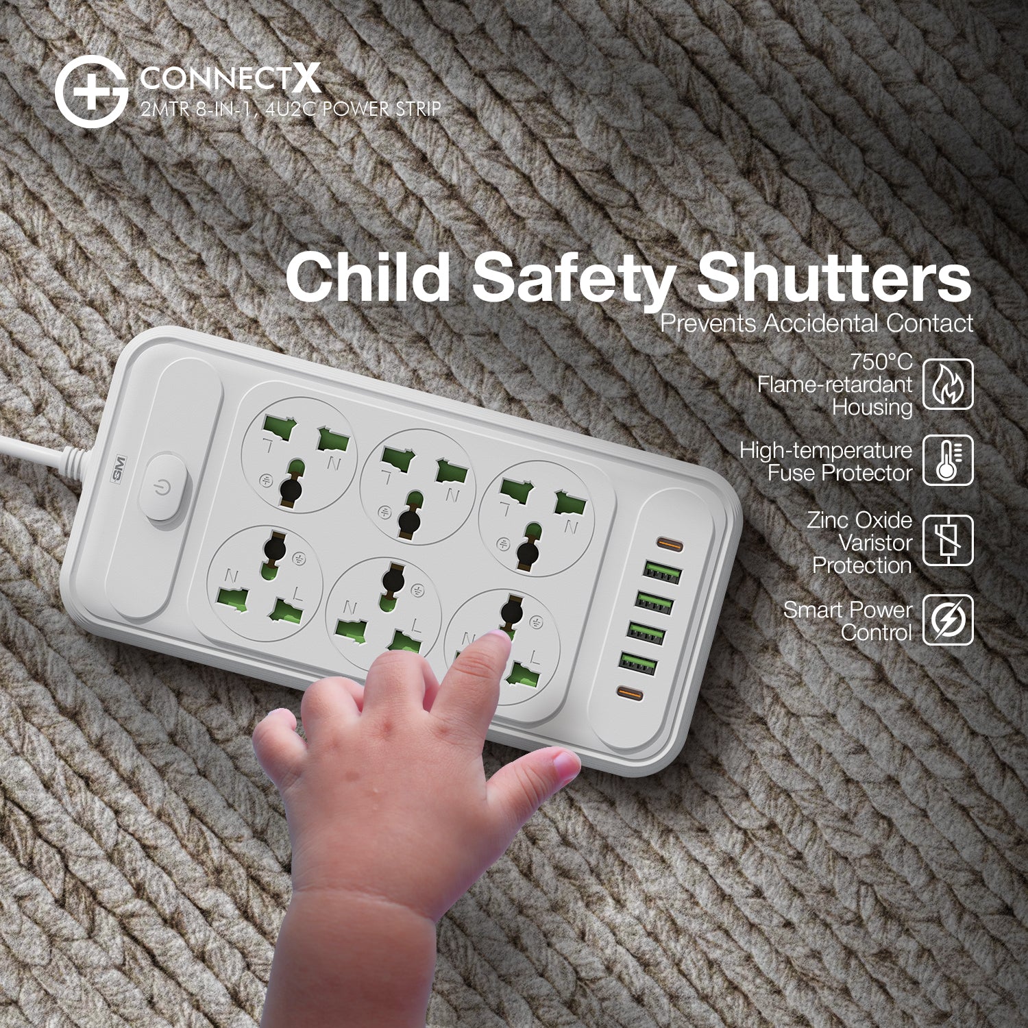 G+ ConnectX 2Mtr 8-in-1 4U2C Power Strip (WHITE)