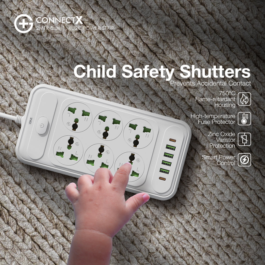 G+ ConnectX 2Mtr 8-in-1 4U2C Power Strip (WHITE)