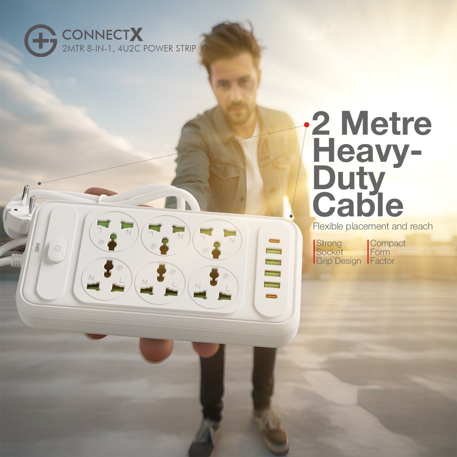 G+ ConnectX 2Mtr 8-in-1 4U2C Power Strip (WHITE)