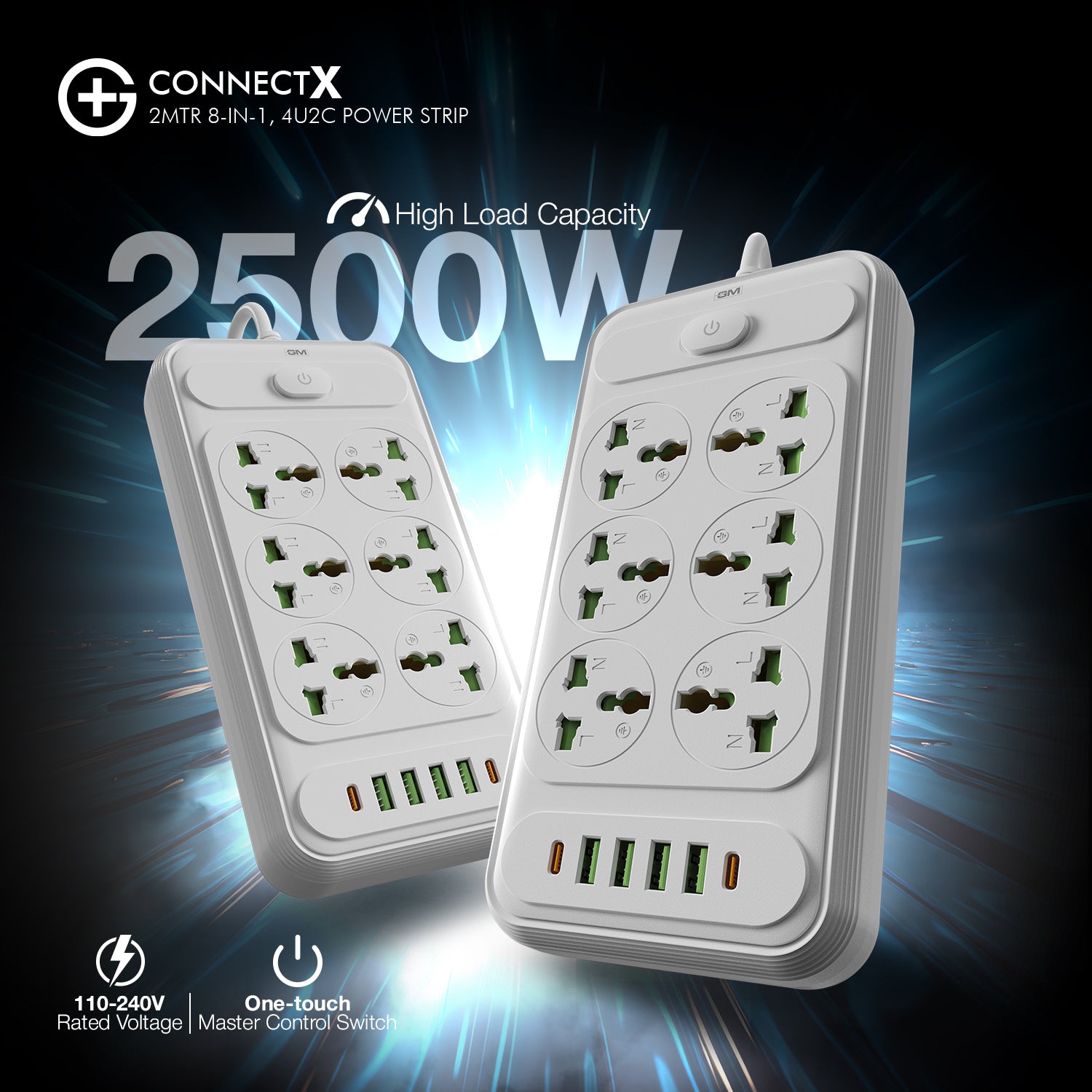 G+ ConnectX 2Mtr 8-in-1 4U2C Power Strip (WHITE)