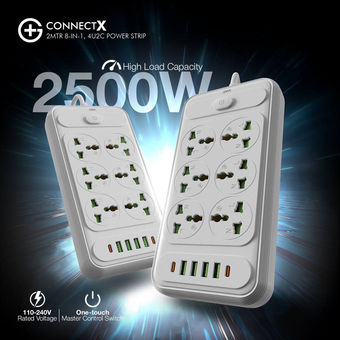 G+ ConnectX 2Mtr 8-in-1 4U2C Power Strip (WHITE)