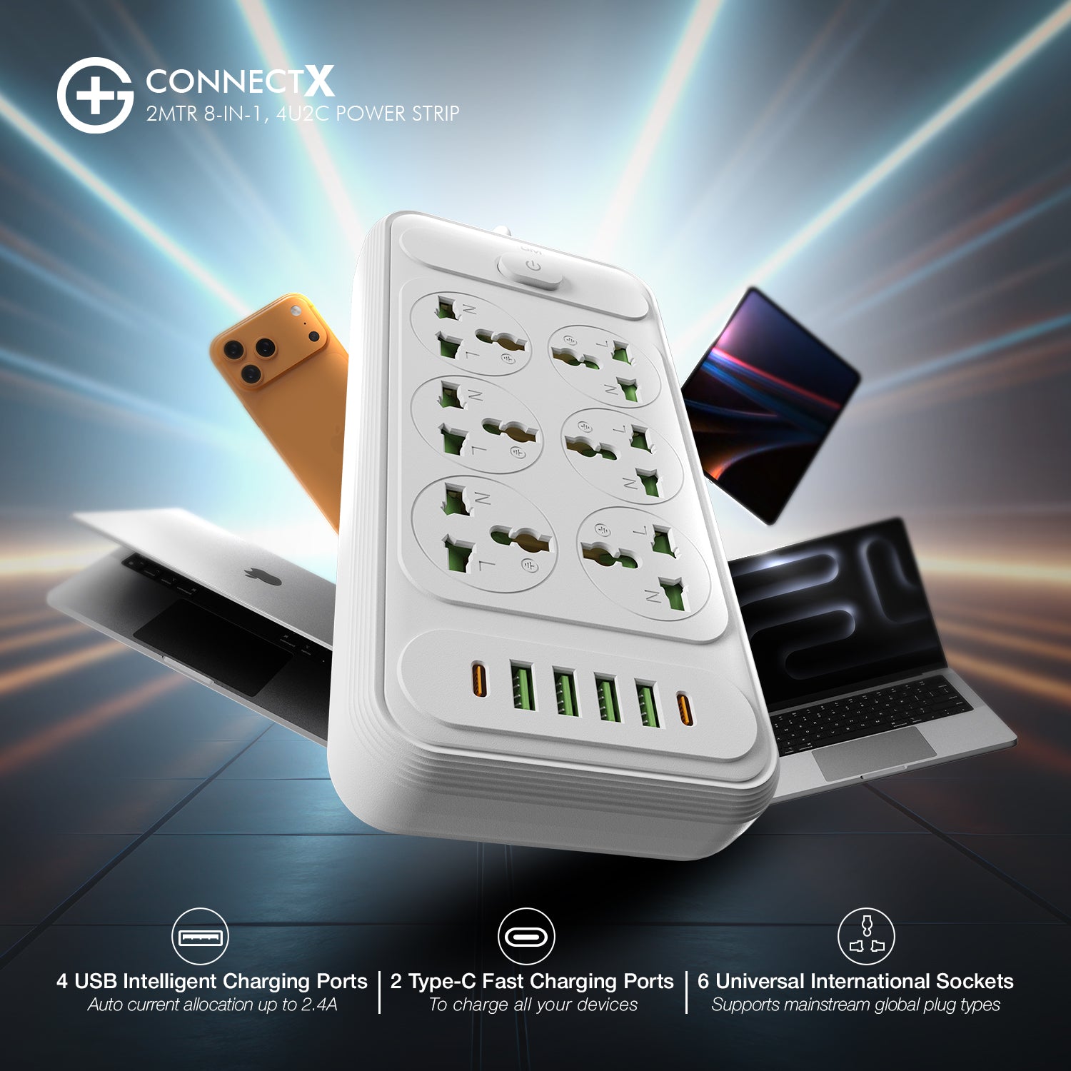 G+ ConnectX 2Mtr 8-in-1 4U2C Power Strip (WHITE)