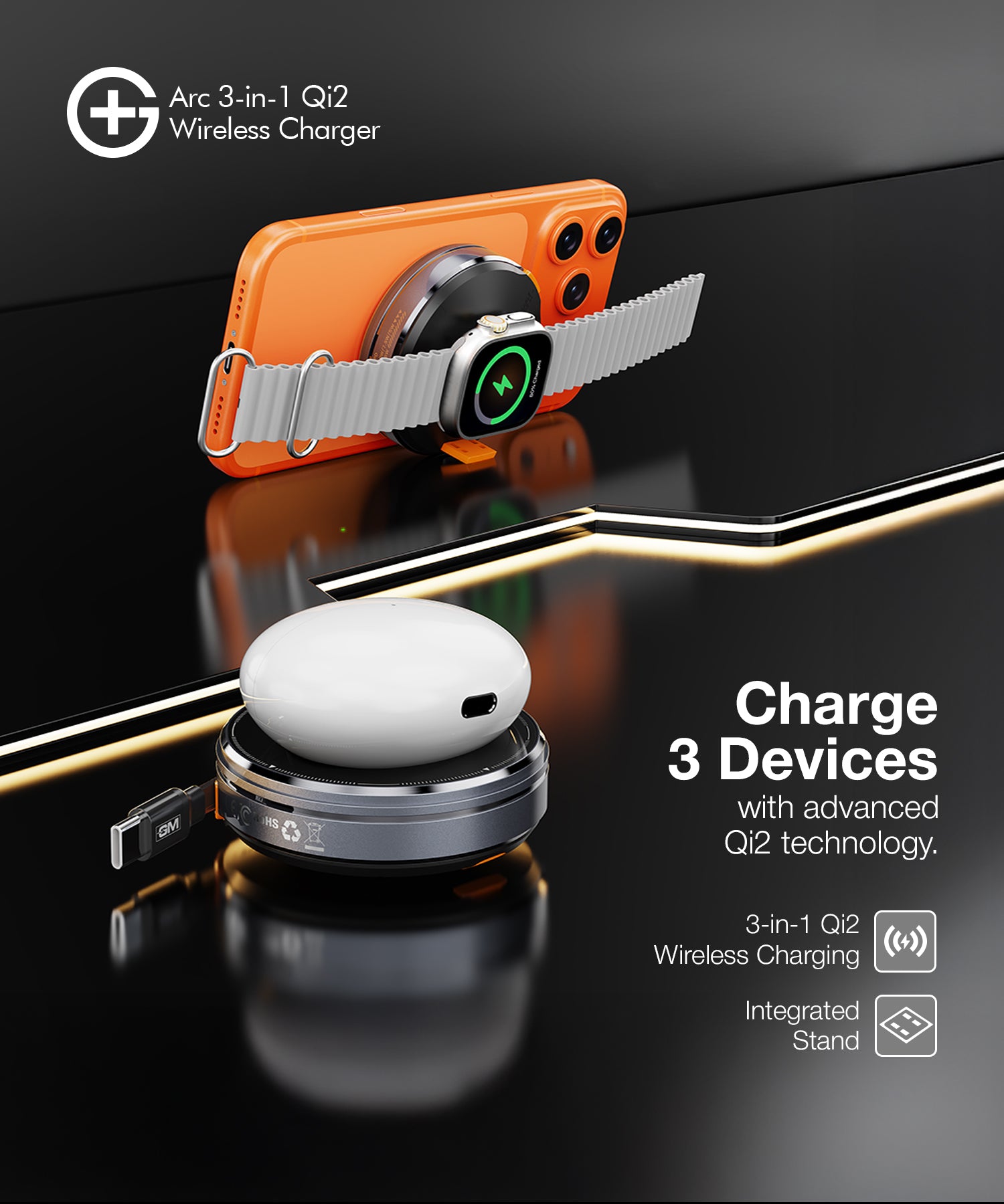 G+ Festival Combo: Arc 3-in-1 Qi2 Wireless Charger + 33W Spyder Adapter (Light Blue)