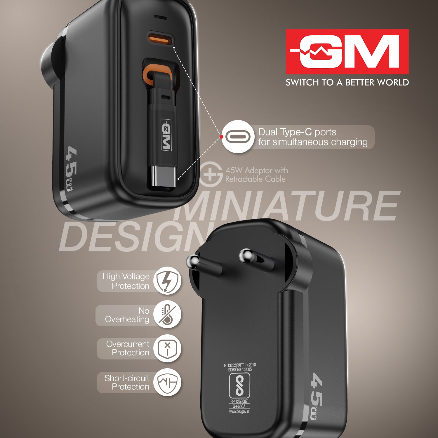 45W, 70CM RETRACTABLE CABLE (BLACK)