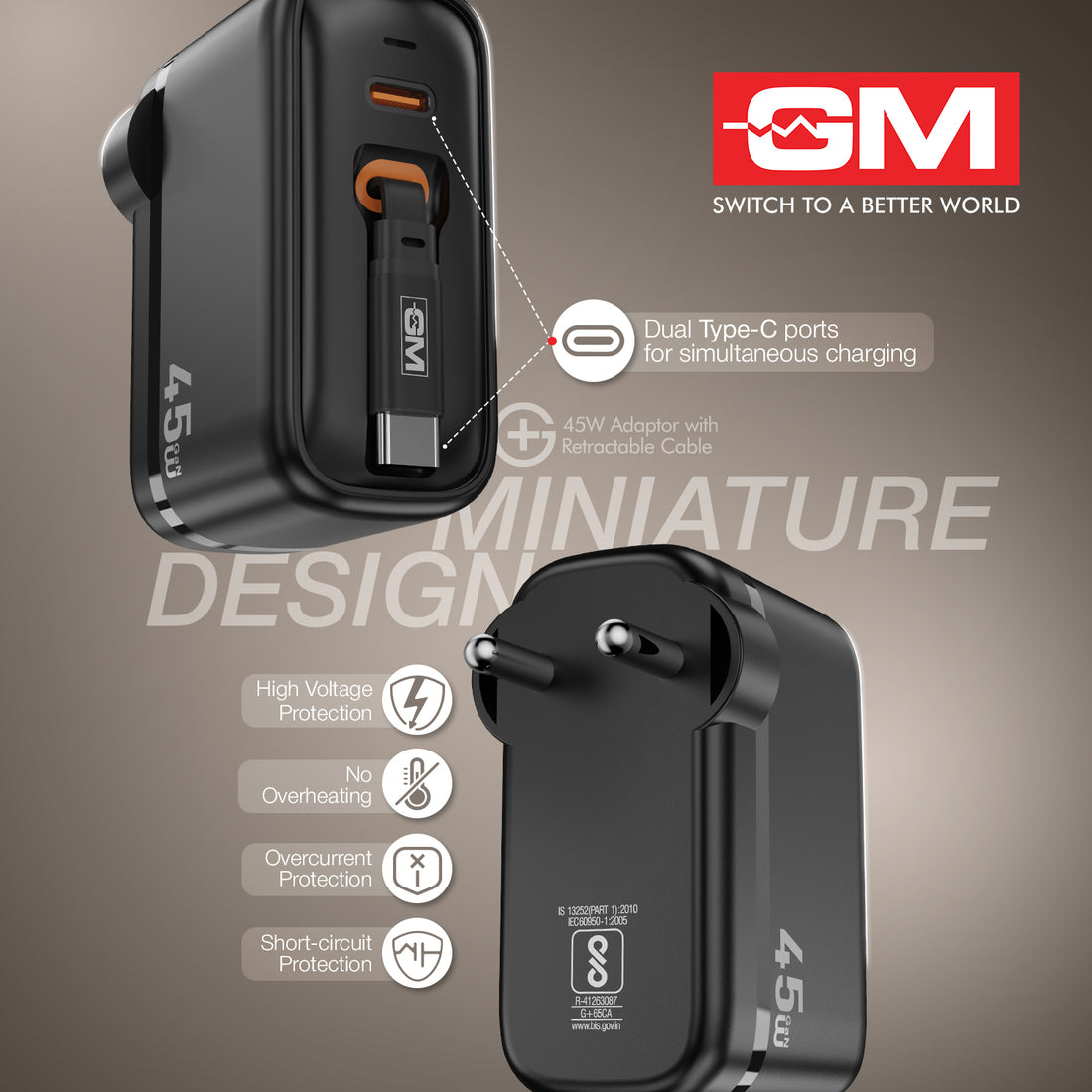 45W, 70CM RETRACTABLE CABLE (BLACK)