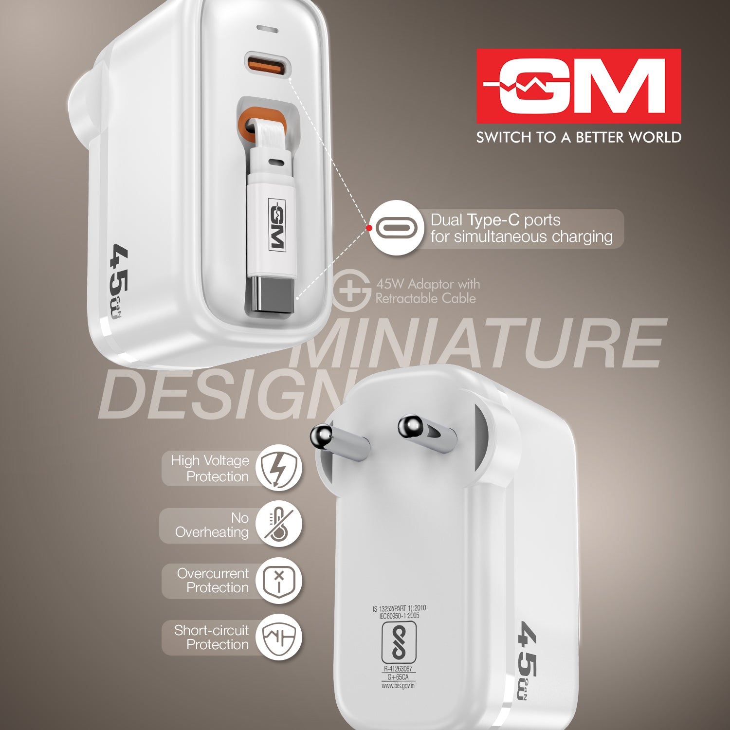 45W, 70CM RETRACTABLE CABLE (WHITE)