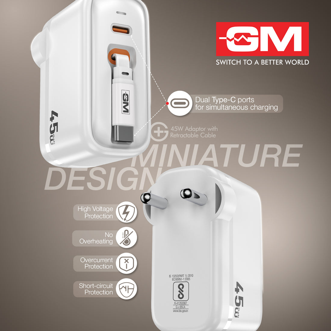 45W, 70CM RETRACTABLE CABLE (WHITE)