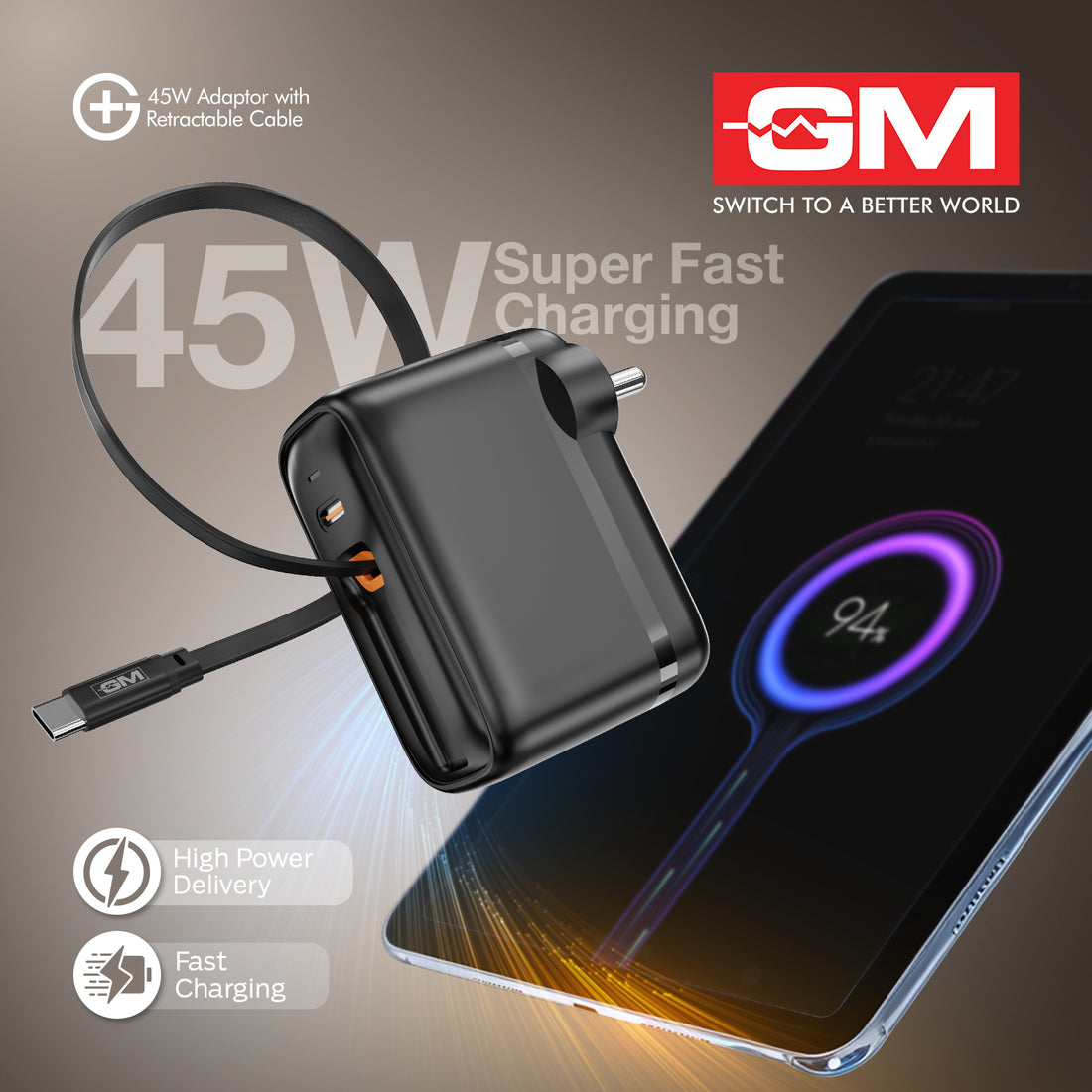 45W, 70CM RETRACTABLE CABLE (BLACK)