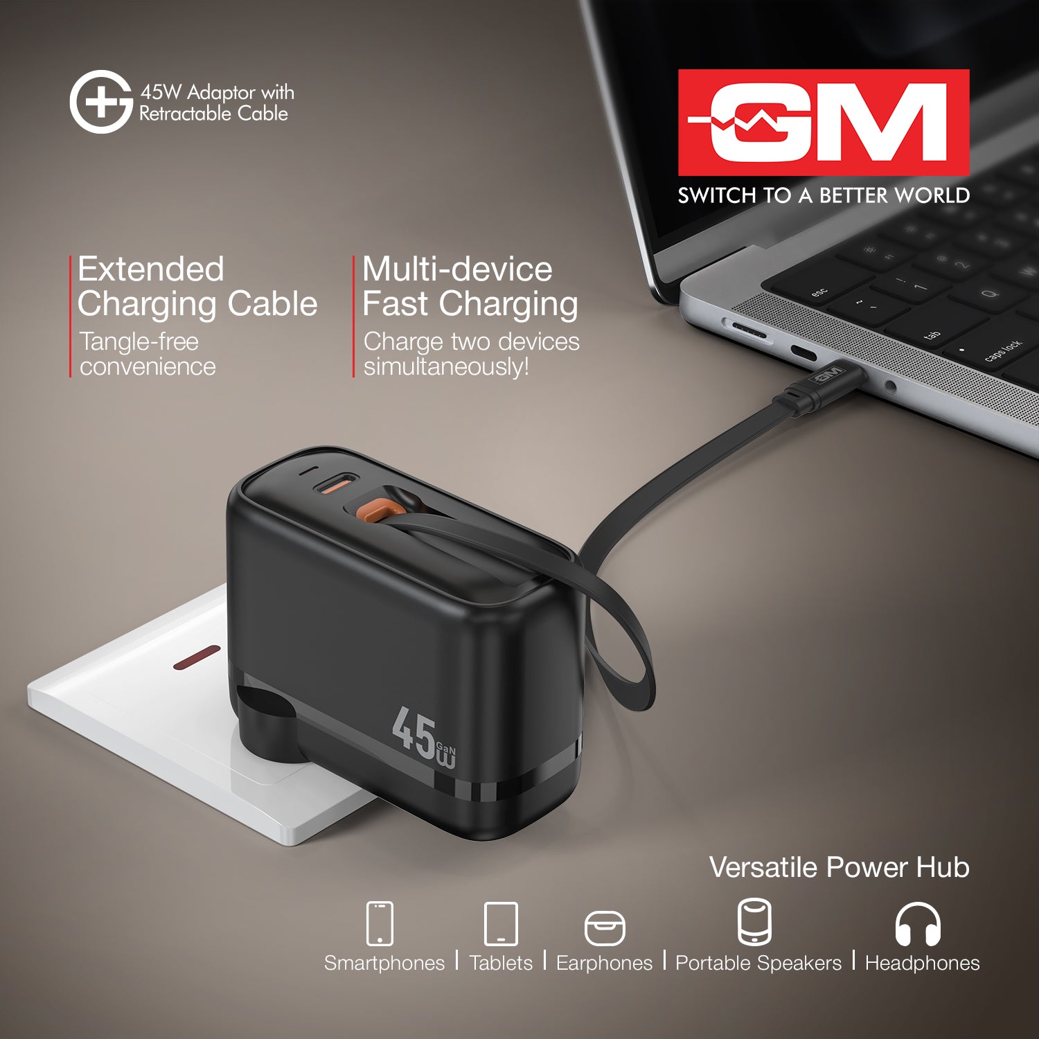 45W, 70CM RETRACTABLE CABLE (BLACK)