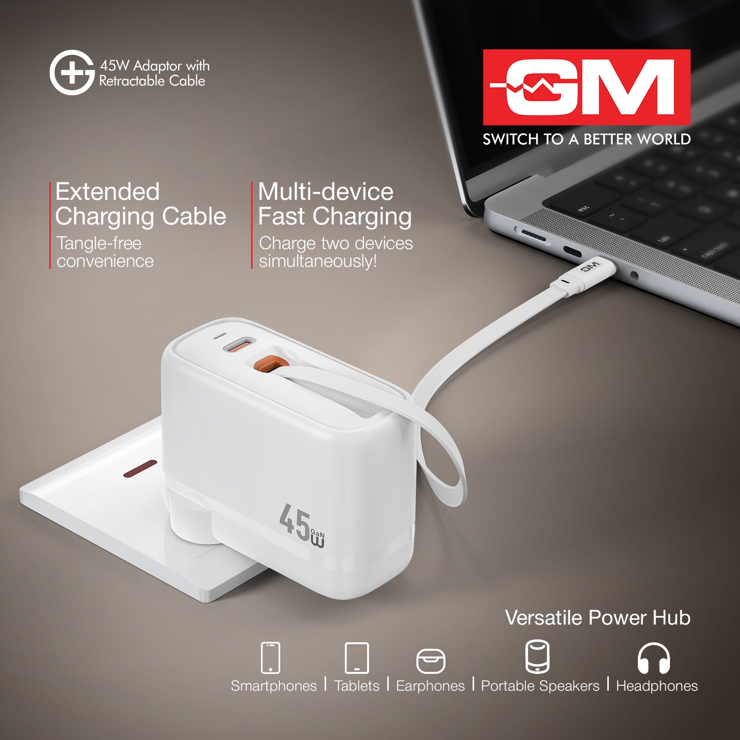 45W, 70CM RETRACTABLE CABLE (WHITE)