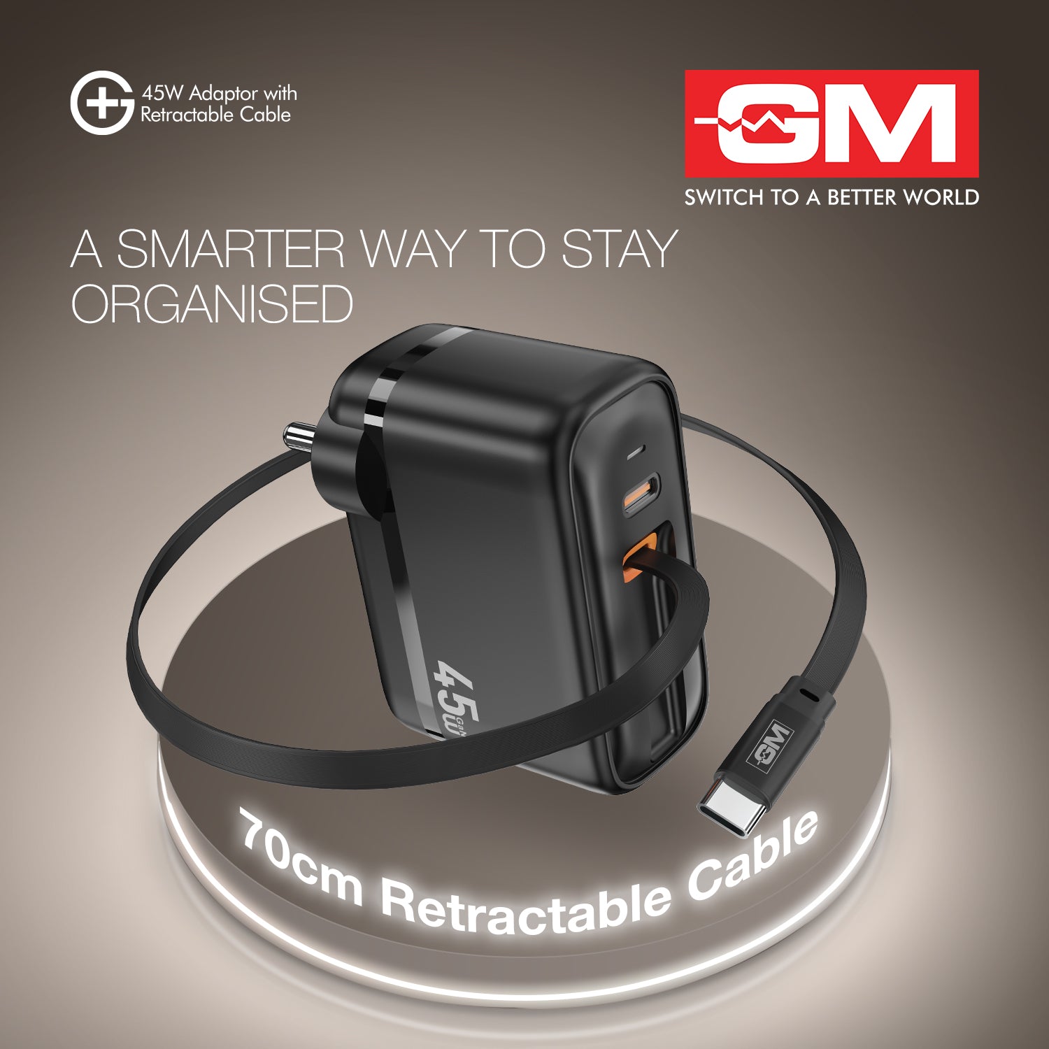 45W, 70CM RETRACTABLE CABLE (BLACK)