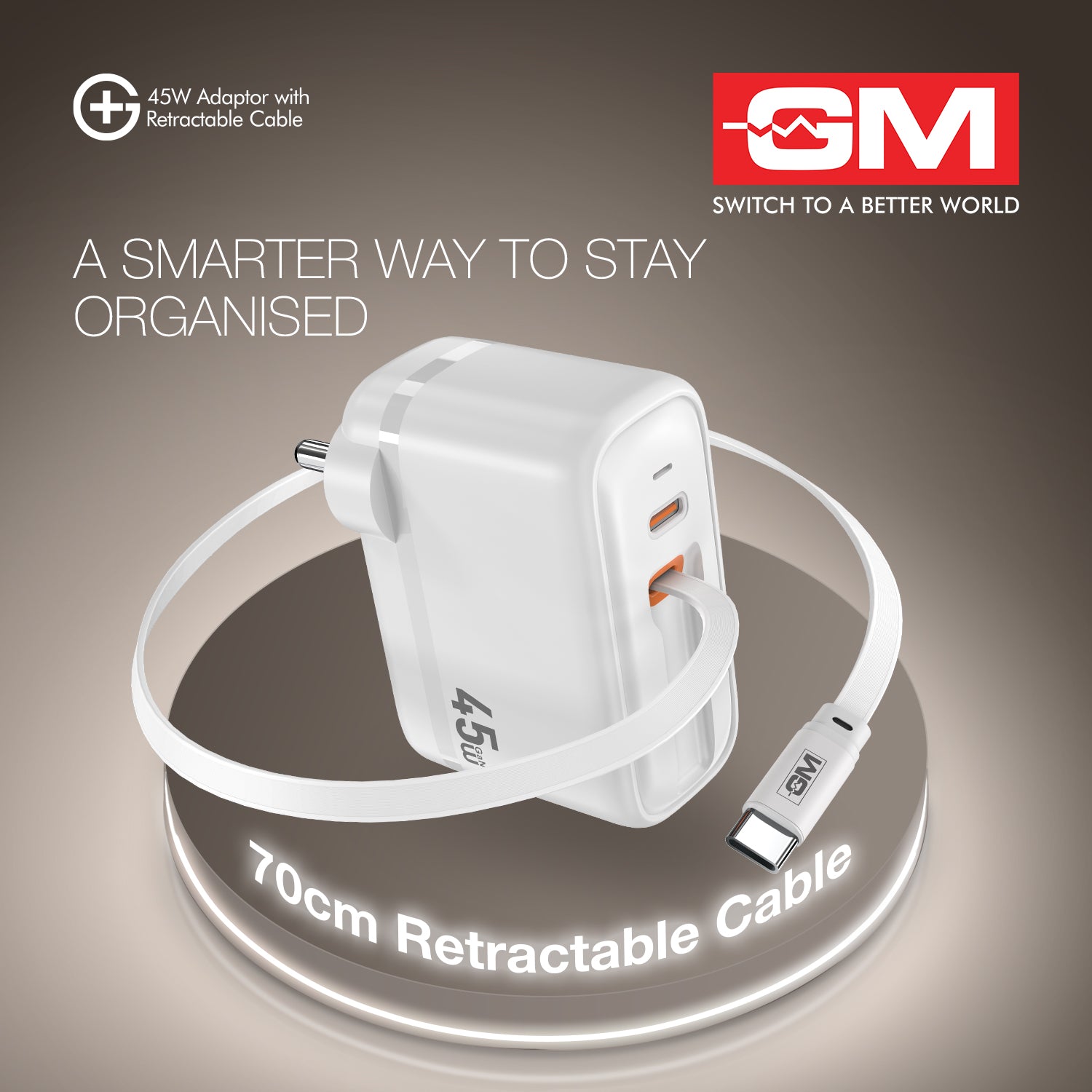 45W, 70CM RETRACTABLE CABLE (WHITE)