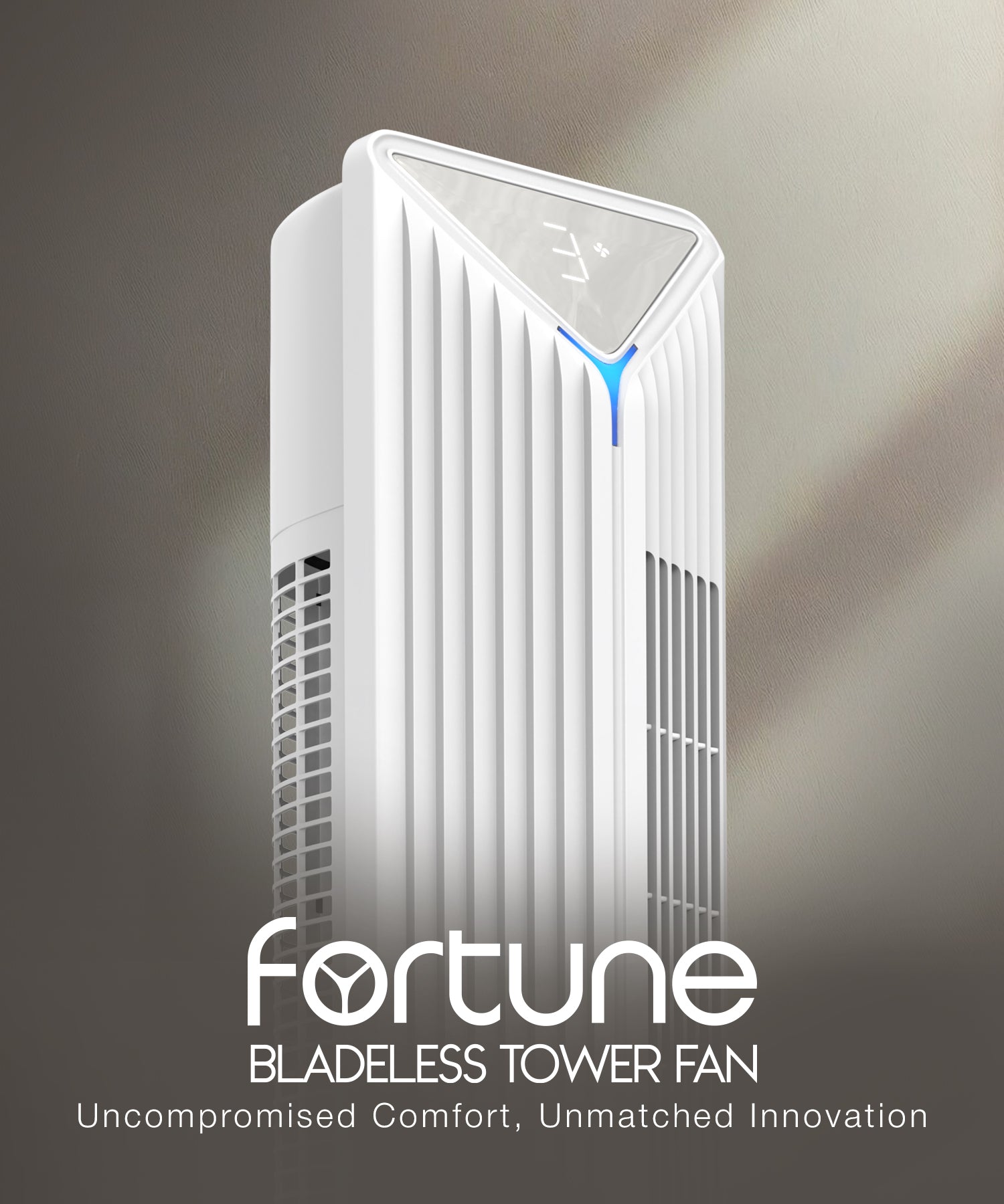 GM Fortune Bladeless Tower Fan in white with infrared remote control