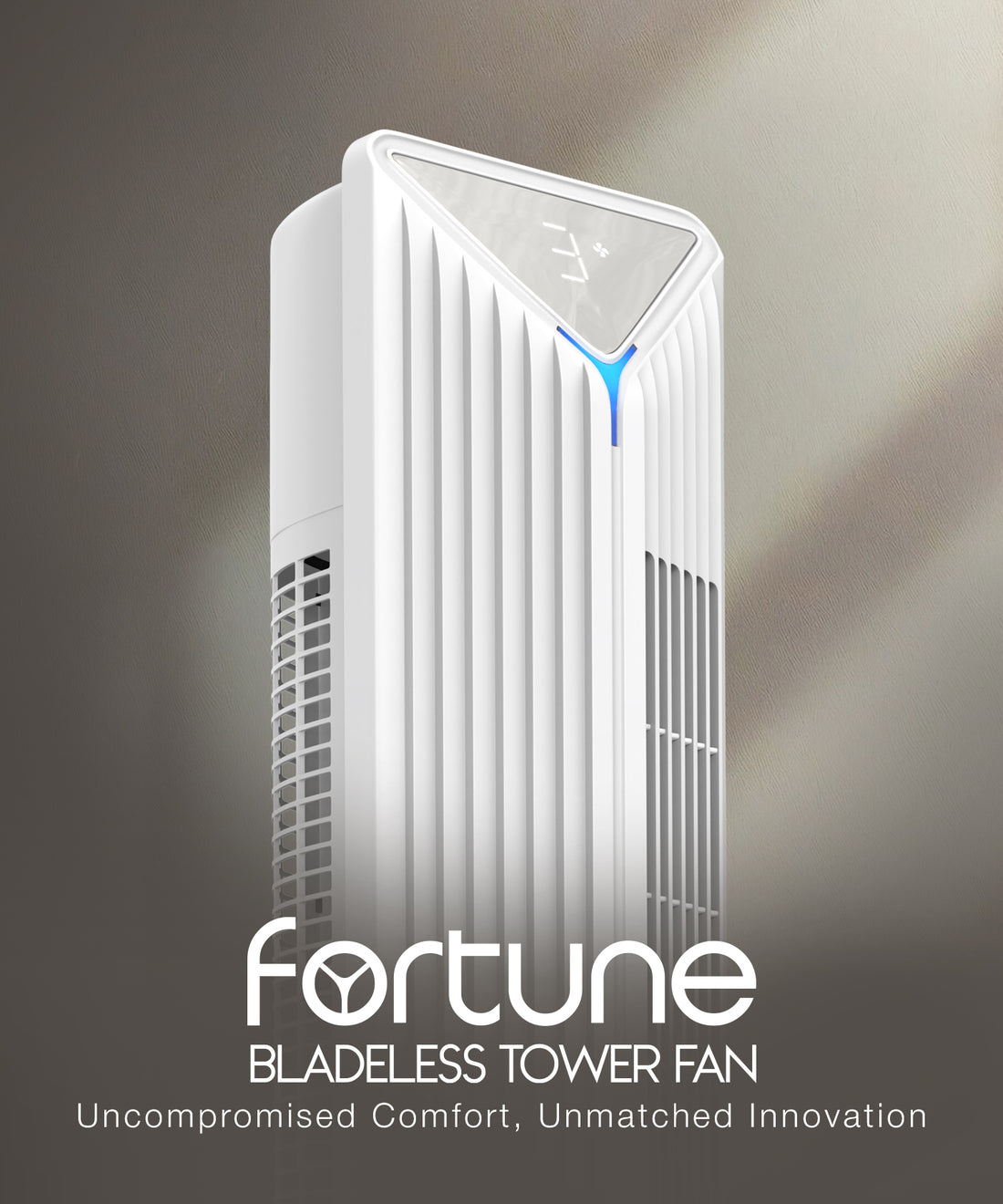 GM Fortune Bladeless Tower Fan in white with infrared remote control