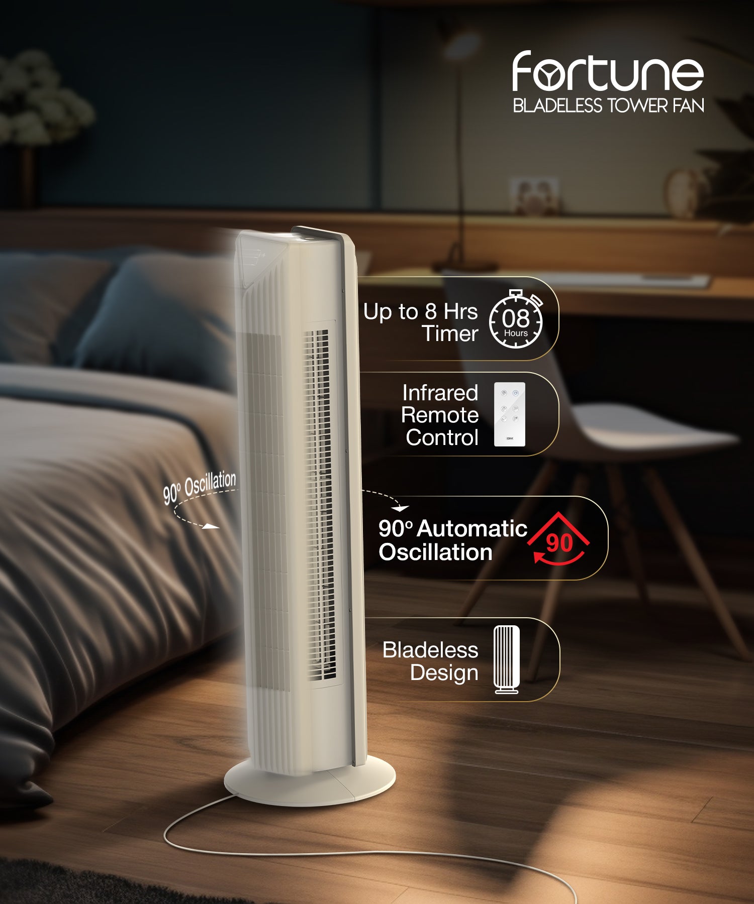Fortune Bladeless Tower Fan in white in a modern bedroom with 8-hour timer, remote control and 90° oscillation
