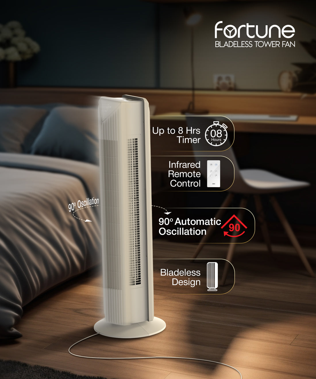 Fortune Bladeless Tower Fan in white in a modern bedroom with 8-hour timer, remote control and 90° oscillation