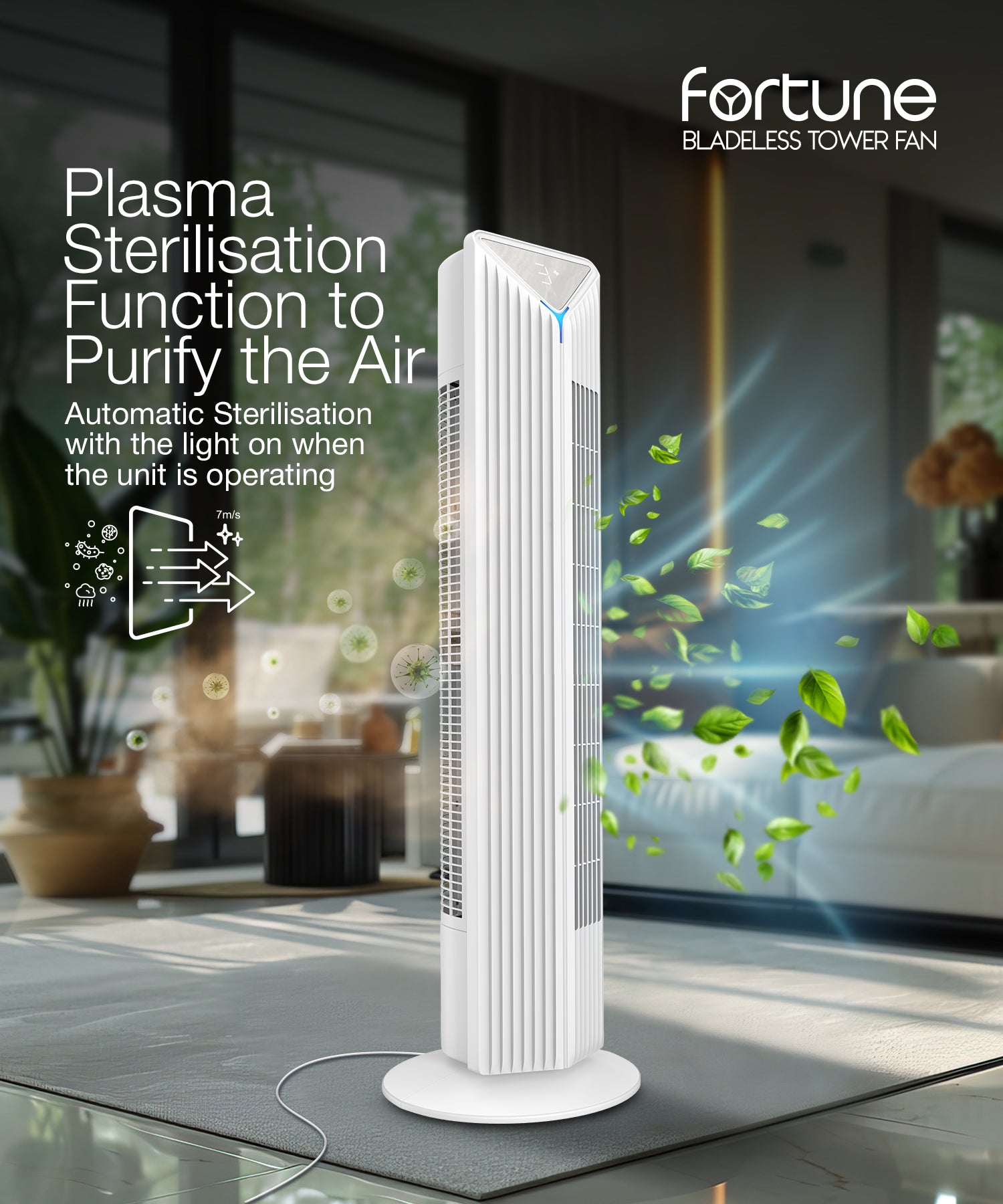 Plasma sterilisation function of the white Fortune Bladeless Tower Fan purifying indoor air