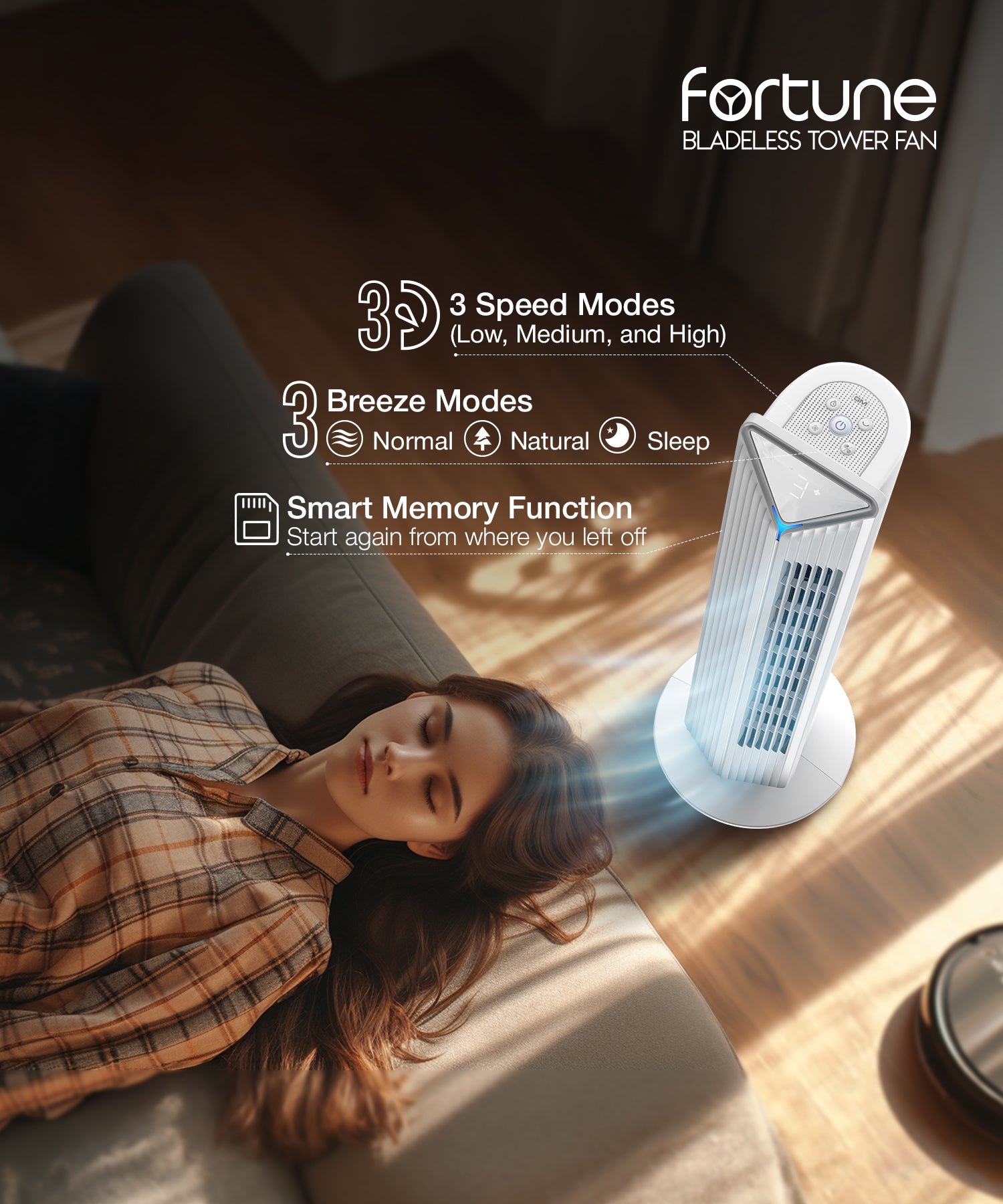 White Fortune Bladeless Tower Fan specifications: 55W, 220-240V, 50Hz, under 55dB, 290 x 290 x 920 mm